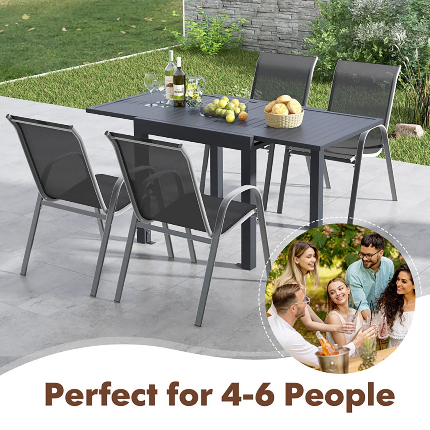 Yardi Yard Outdoor Dining Table Set with Sturdy Metal Frame, Table with Adjustable Footpads and 4 Chairs with Curved Armrests, Dining Table Set for Outdoor as Garden, Patio, Gray