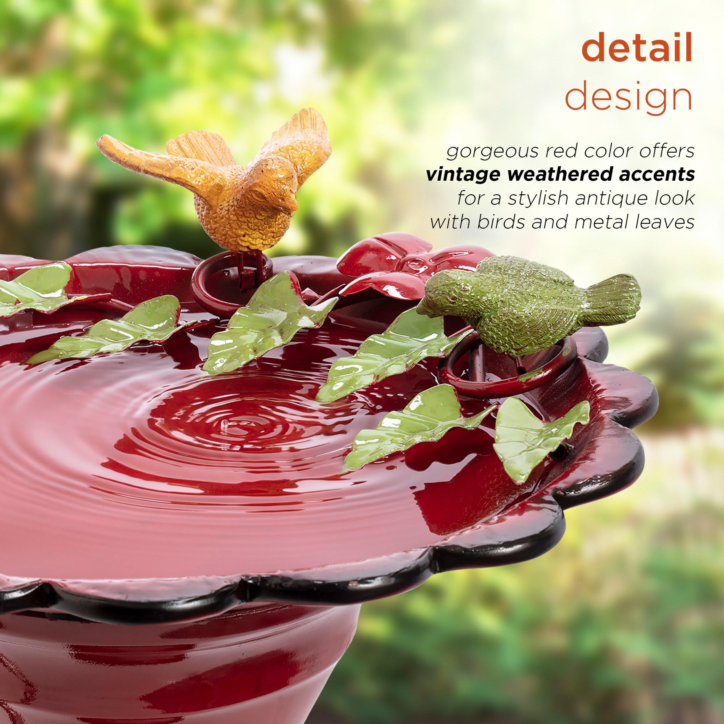 28" Metal Birdbath With Birds And Leaves - Red - Alpine Corporation