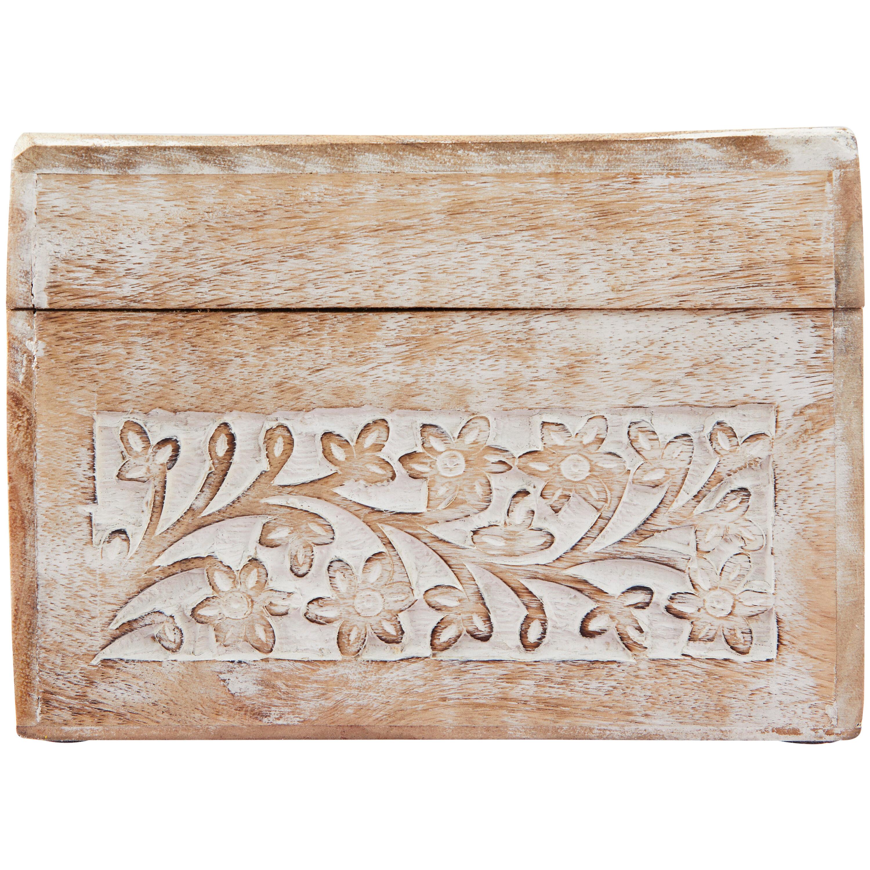 Set of 3 Natural Mango Wood Whitewashed Carved Design Boxes with Lid - Olivia & May