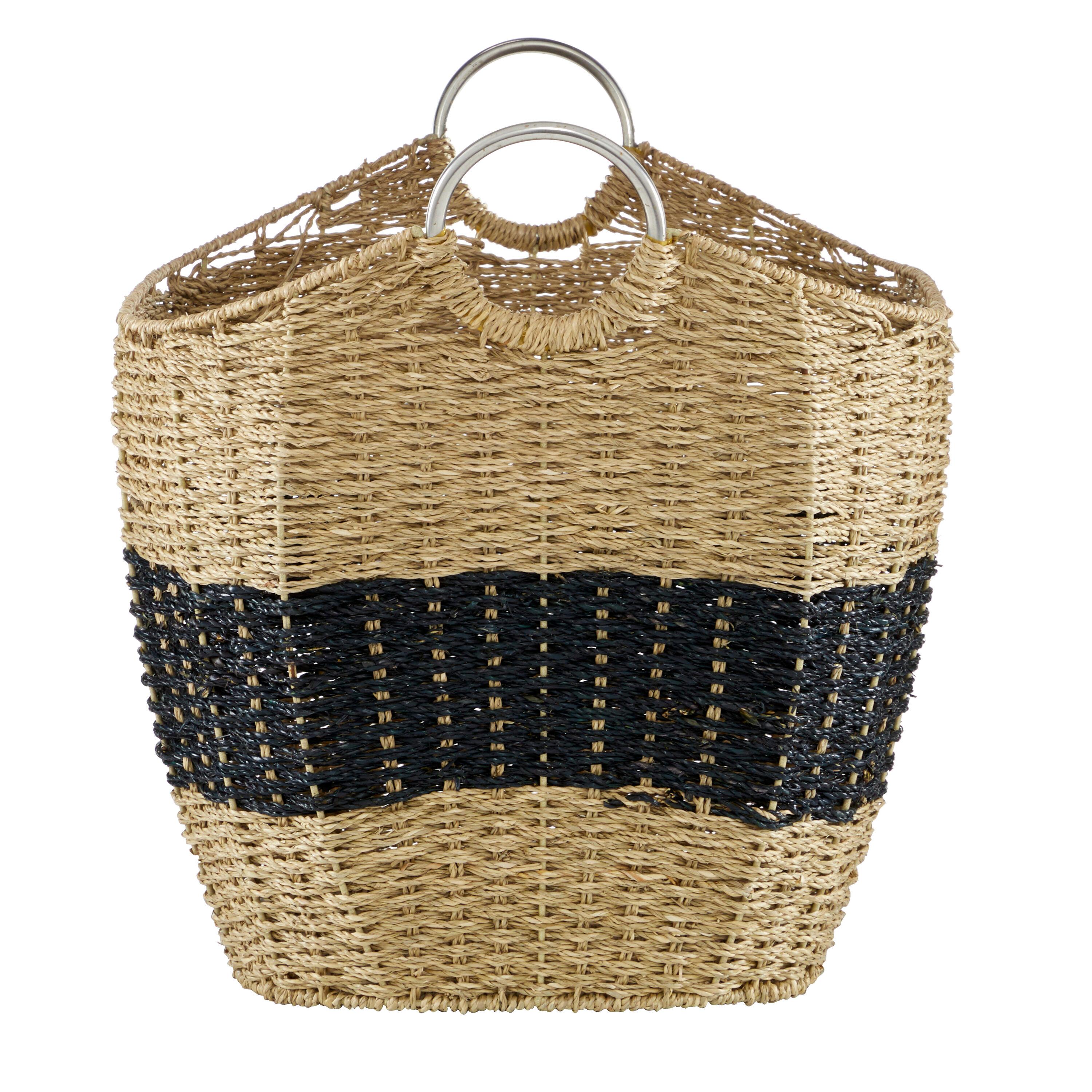 DecMode 21" x 19" Brown Seagrass Handmade Two Toned Storage Basket with Metal Handles, 1-Piece