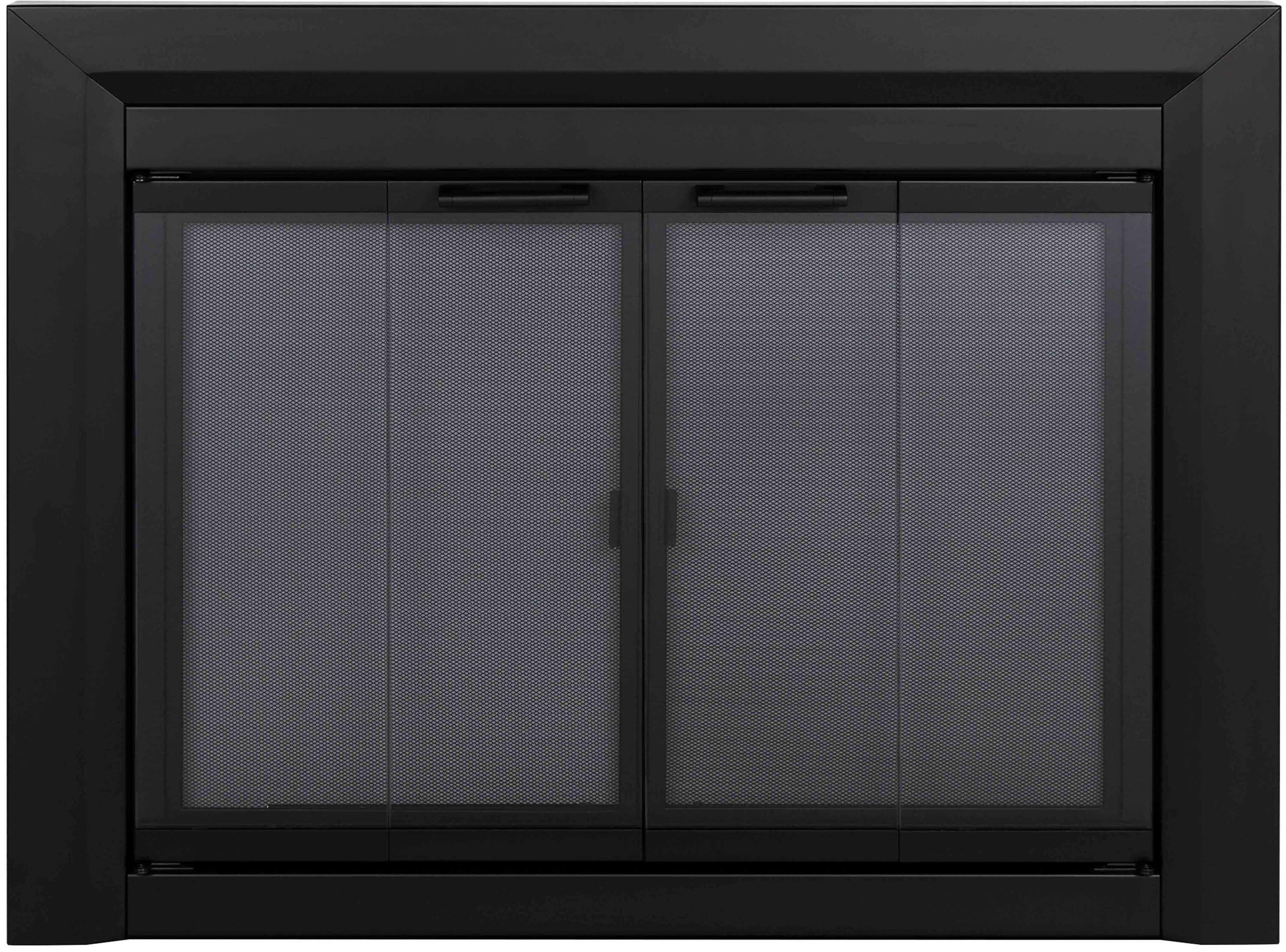 Pleasant Hearth Clairmont Fireplace Screen and Bi-Fold Track-Free Smoked Glass Doors - Black