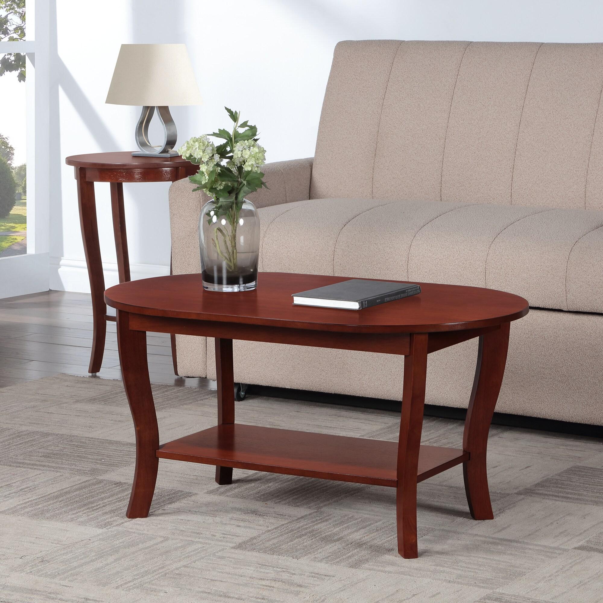 American Heritage Oval Coffee Table with Shelf in Mahogany Wood Finish