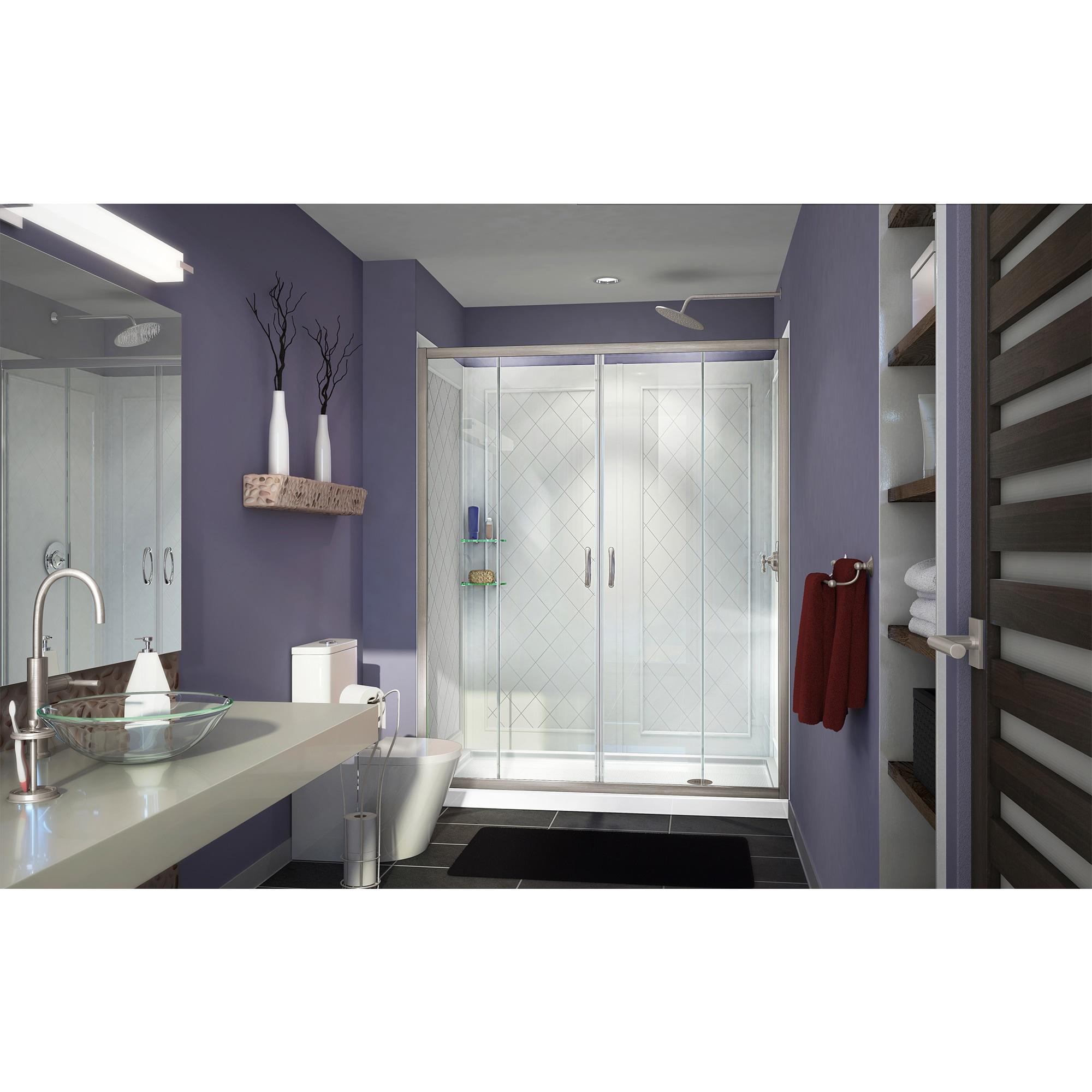 DreamLine Visions 3-Piece 36-in W x 60-in L x 77-in H Rectangular Alcove Shower Kit (Right Drain) with Base, Wall and Door Included Brushed Nickel