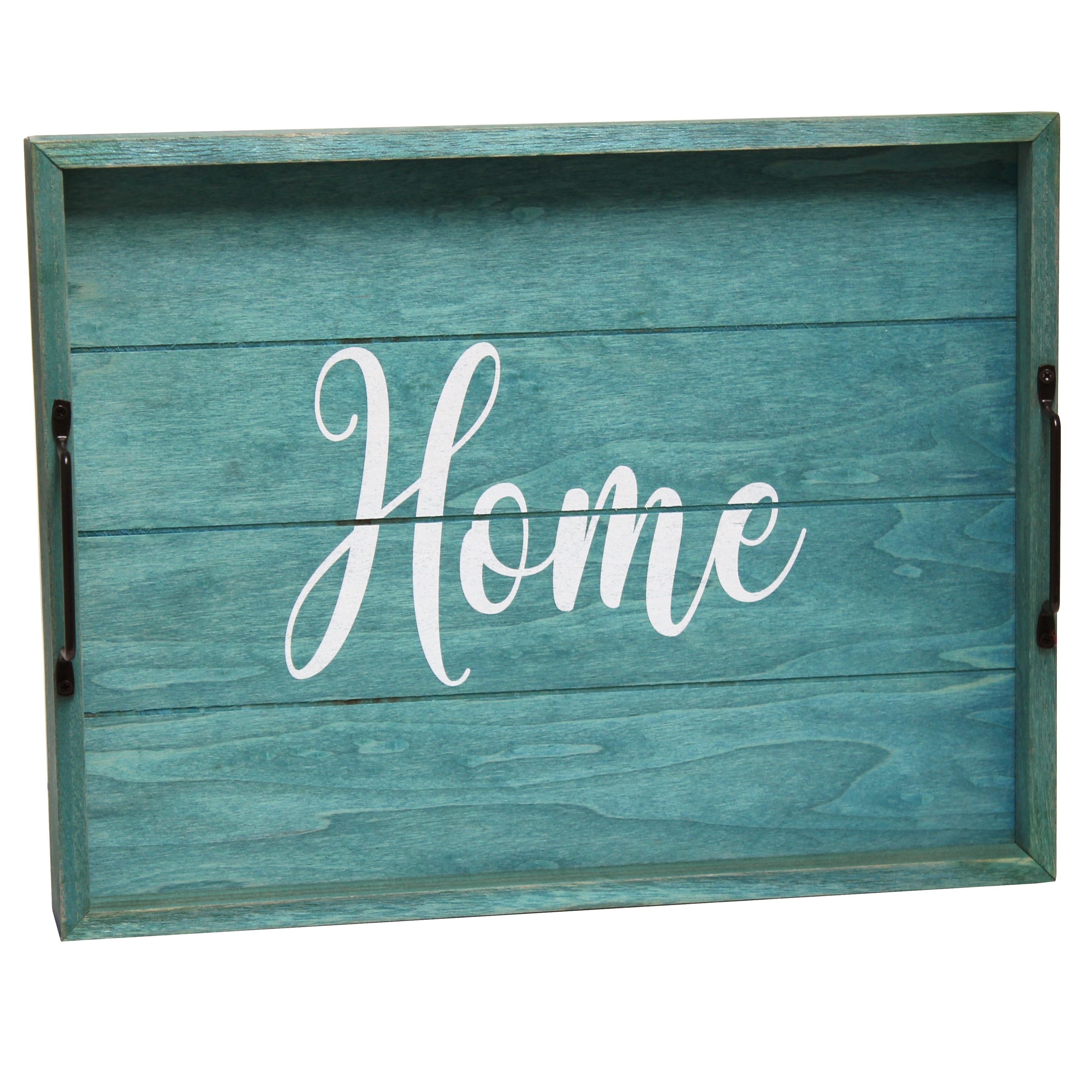 Elegant Designs 15.5" x 12" Decorative Wood Serving Tray, "Home", Blue Wash