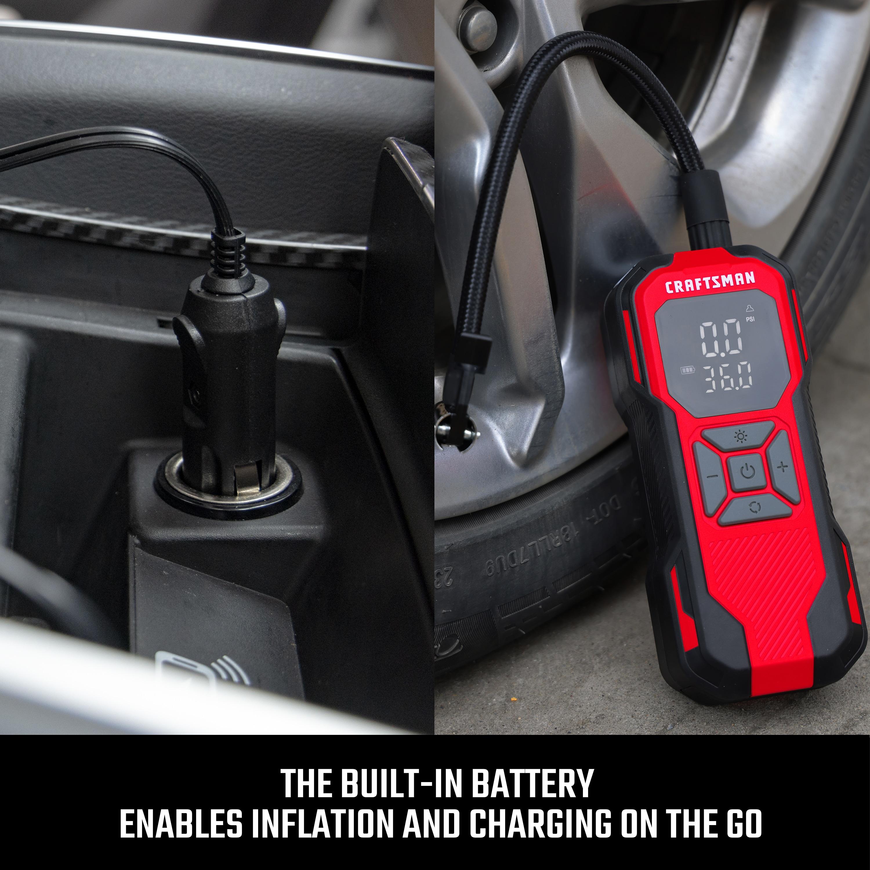 CRAFTSMAN Tire Inflator Portable Air Compressor, Cordless Mini Air Pump for Car Tires with Digital Tire Pressure Gauge, 6000mAh Battery Powered Air Pump, Max Pressure 150 PSI, 12V DC Corded