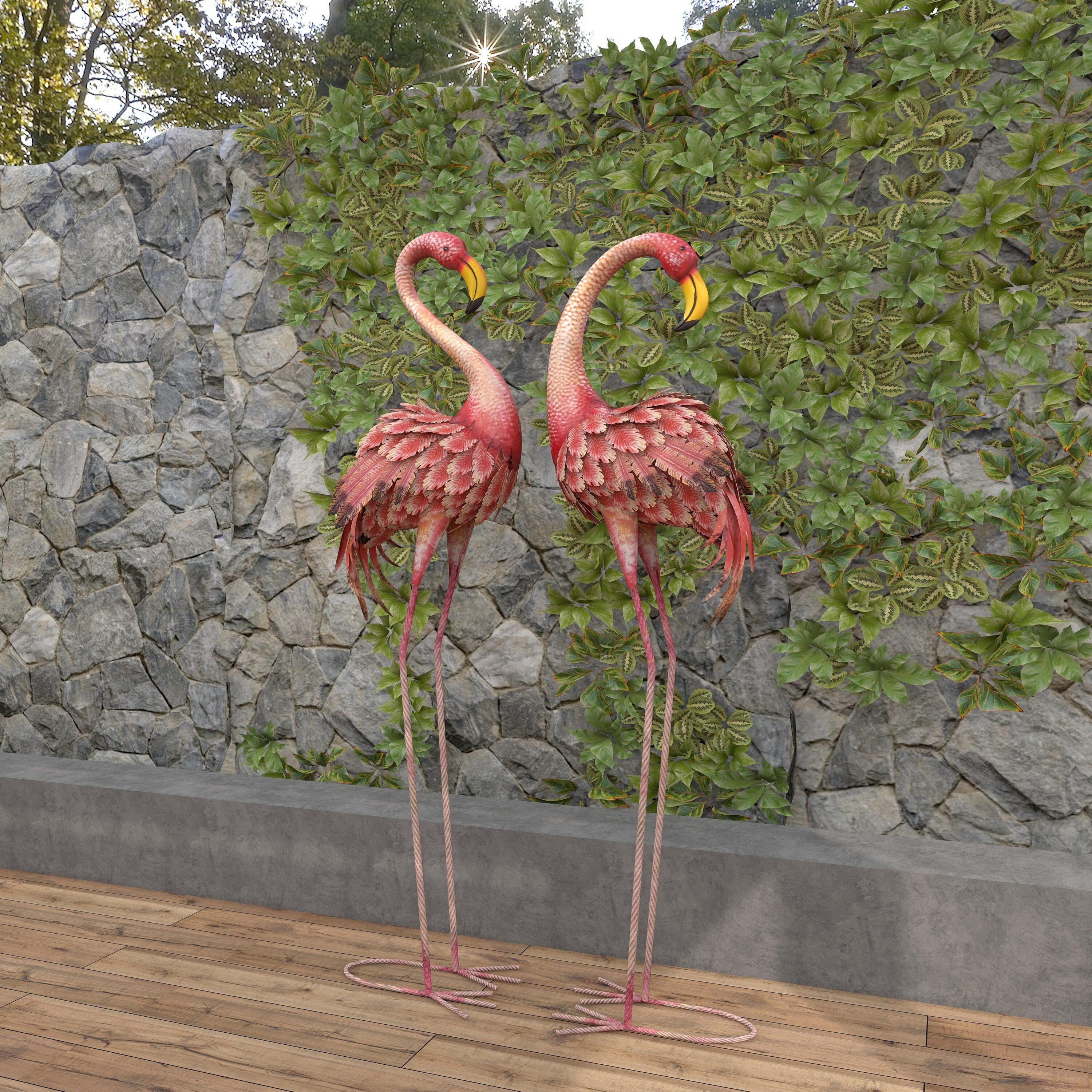 DecMode 54" Indoor Outdoor Standing Flamingo Garden Sculpture with Yellow Accents and Coiled U Shaped Feet (2 Pack)