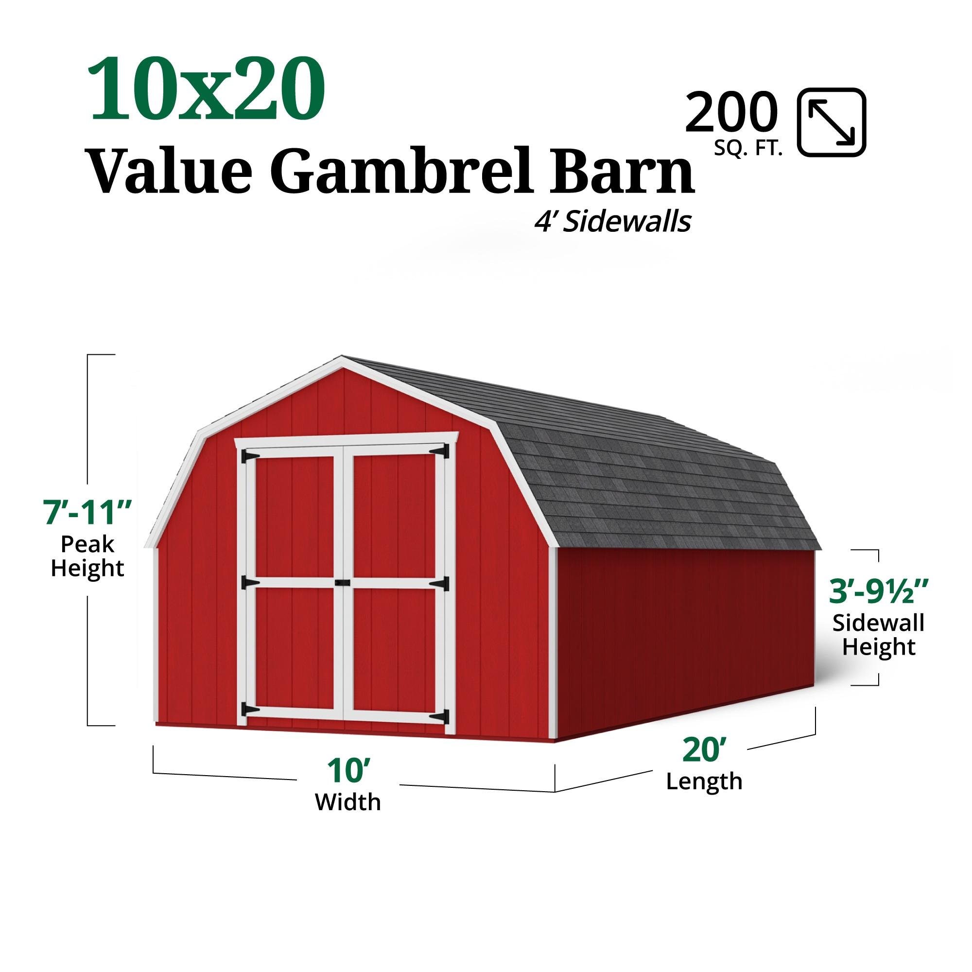 Little Cottage Co. 10x20 Value Gambrel Barn with 4 ft. Sidewalls with Floor, Outdoor Wood Storage Shed Do-It-Yourself Precut Kit