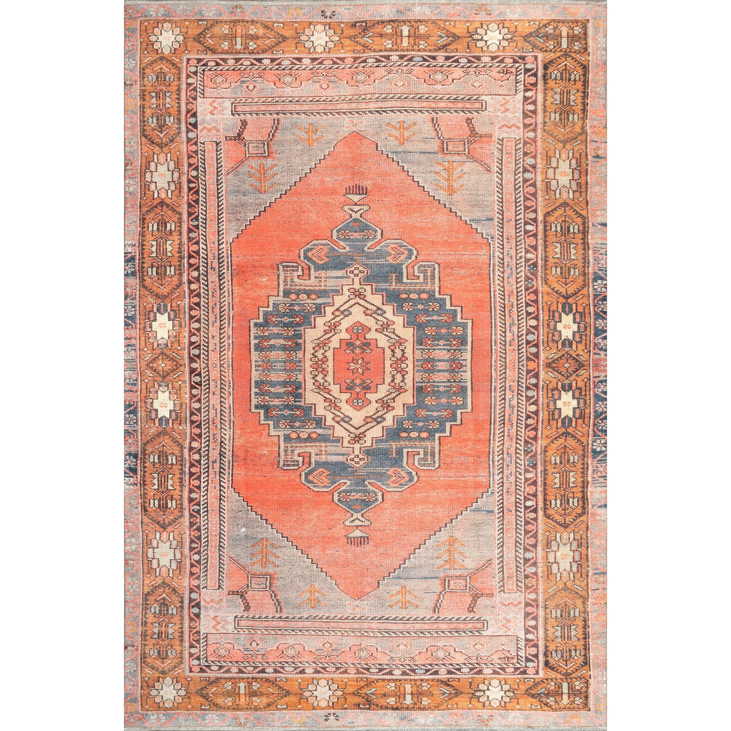 Nuloom Kamila Medallion 6 Round Machine Washable Indoor Area Rug for Living Room Bedroom Dining Room Kitchen, Orange/Ivory