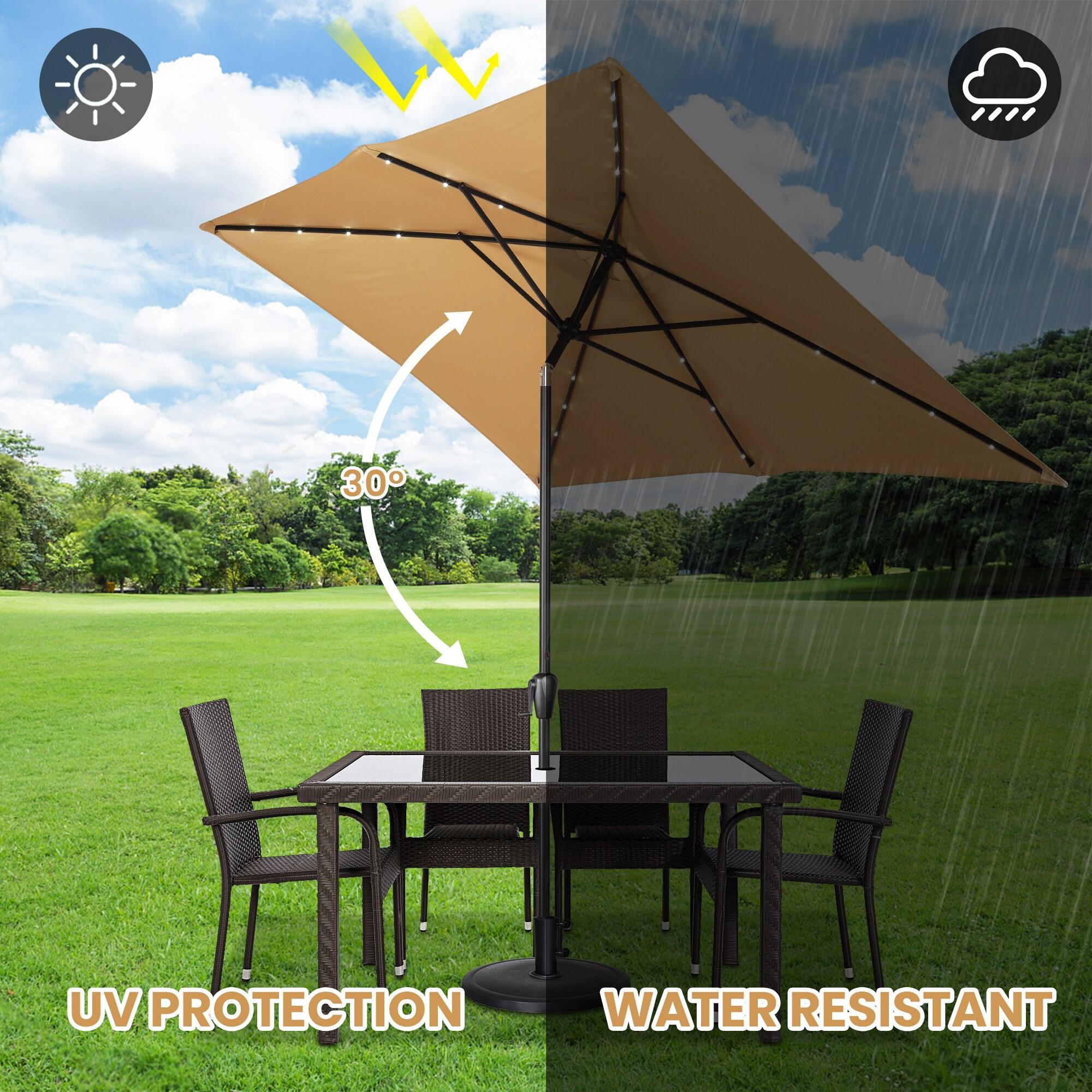 Sun-Ray 6.6x10 FT Solar LED Rectangular Patio Umbrella with Push-Button Tilt and Hand Crank Canopy Lift, Table Umbrella with Solution Dyed Navy Fabric for Porch, Deck, Garden, and Swimming Pool, Taupe