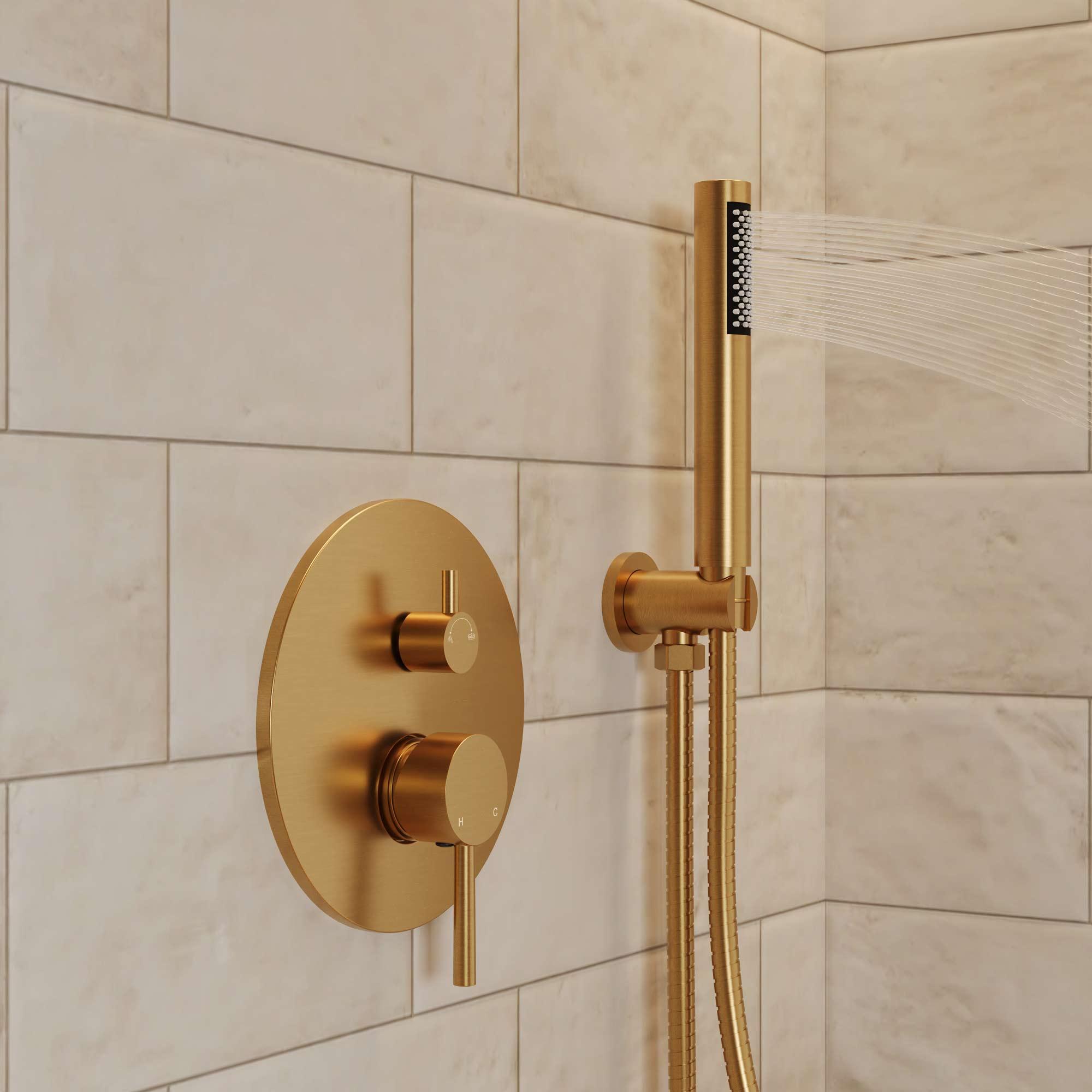 GRANDJOY Complete Shower System, 10" and 6" Dual Wall Mount Rain Shower Faucets with Handheld Shower Spray, High Pressure in Brushed Gold