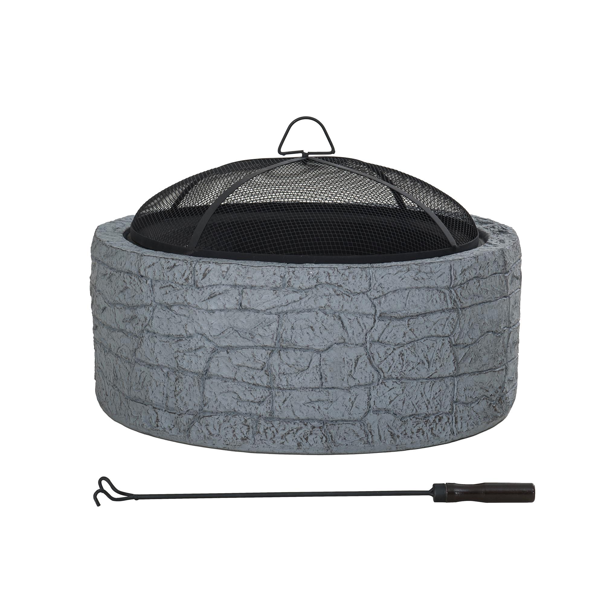 Sunjoy Stone Fire Pit 26 Inch, Outdoor Round Wood Burning Fire Pits with Spark Screen and Poker  Grey