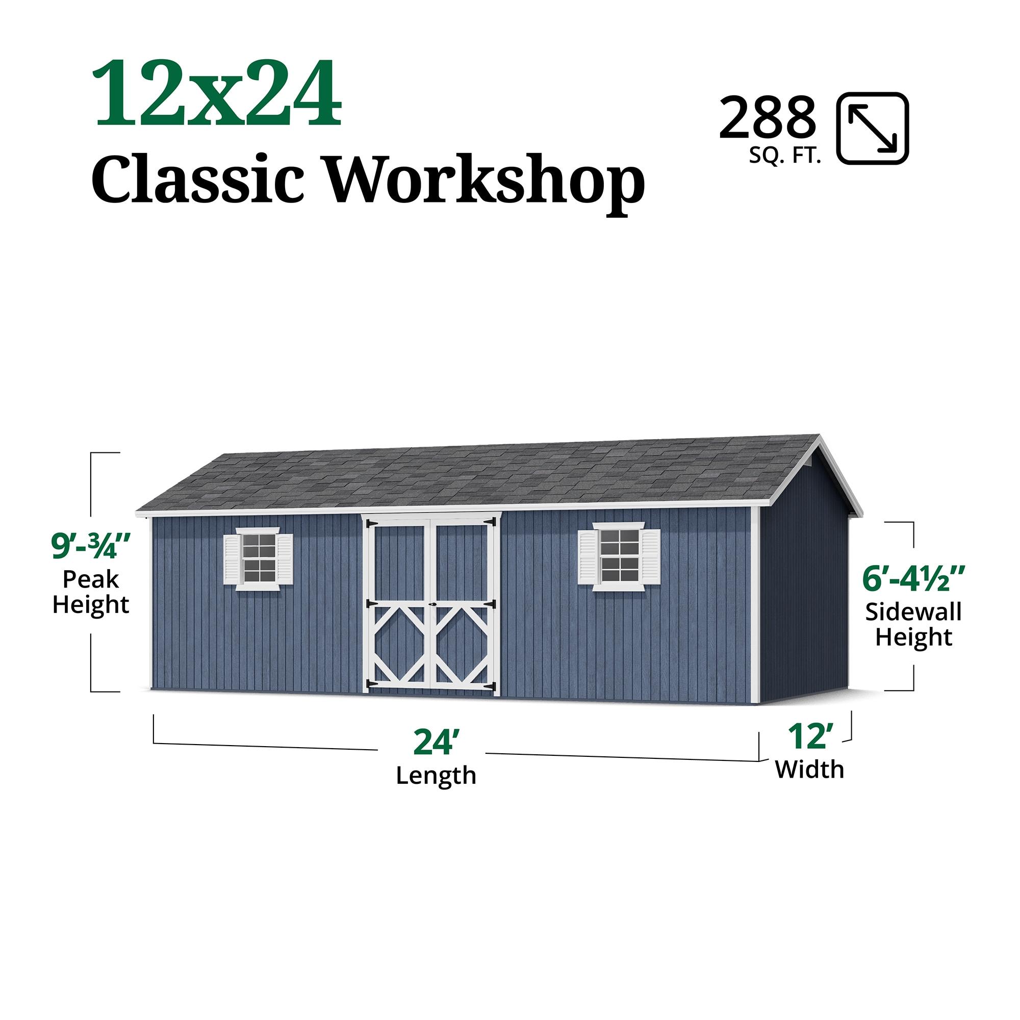 Little Cottage Co. 12x24 Classic Workshop Shed with Operable Windows, Outdoor Wood Storage Do-It-Yourself Precut Kit