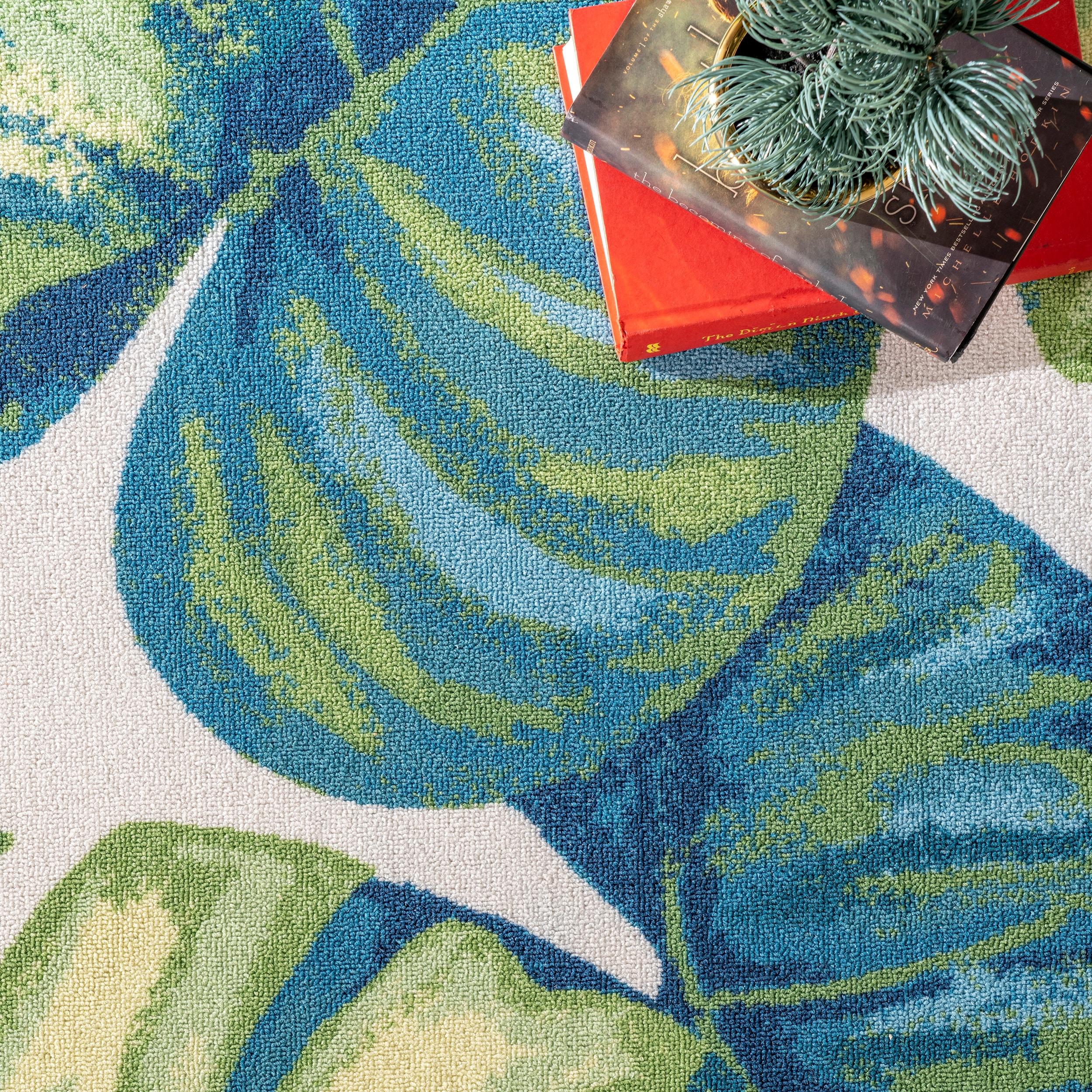 Tropical Leaf Design Reversible Indoor/Outdoor Blue Runner Rug, 2'6" x 10'