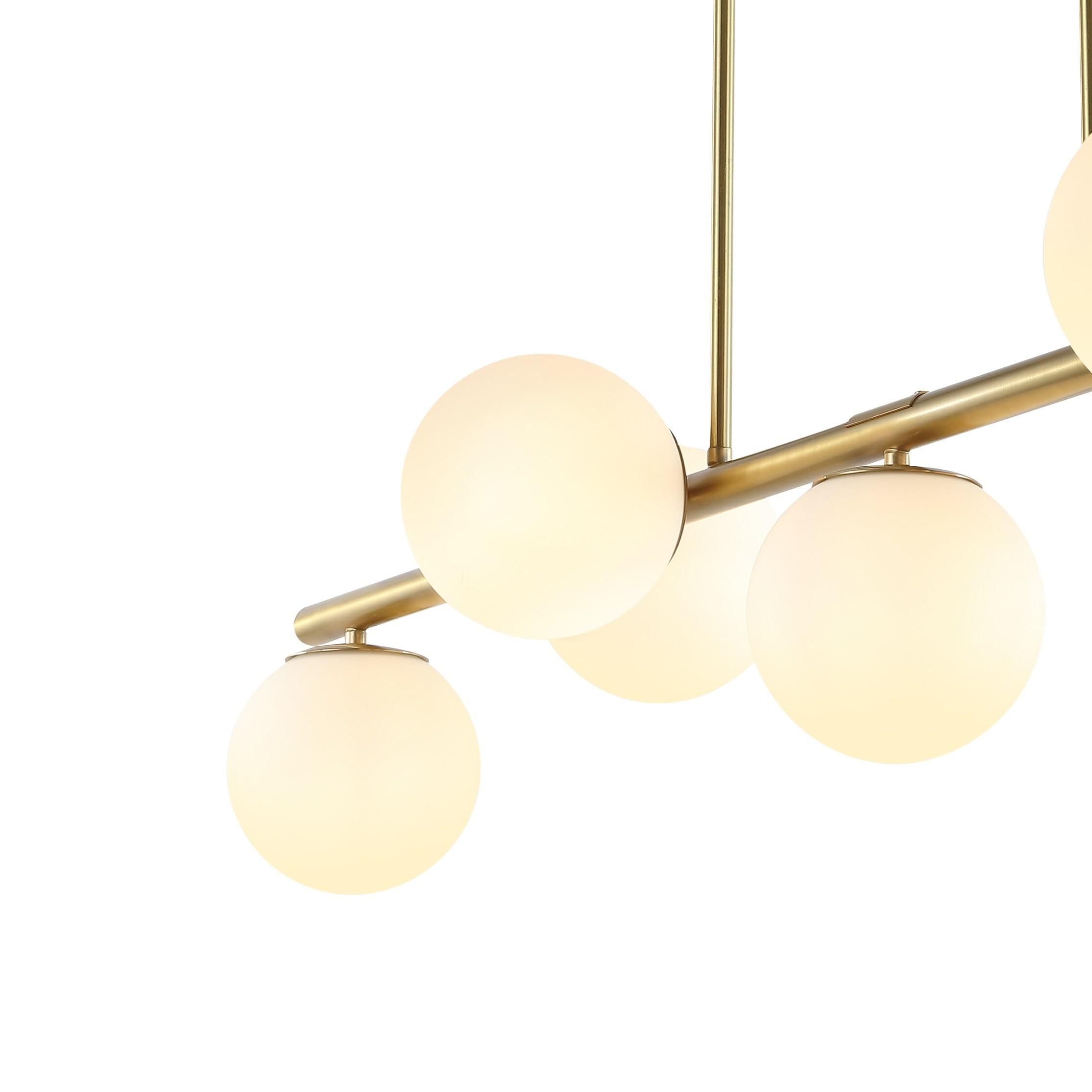 JONATHAN Y JYL7573A Luca Parisian 53" 7-Light Modern Glam Iron Globe Linear LED Pendant Transitional Farmhouse Adjustable Dining Room Living Room Kitchen Island Foyer Bedroom Hallway, Brass Gold/White
