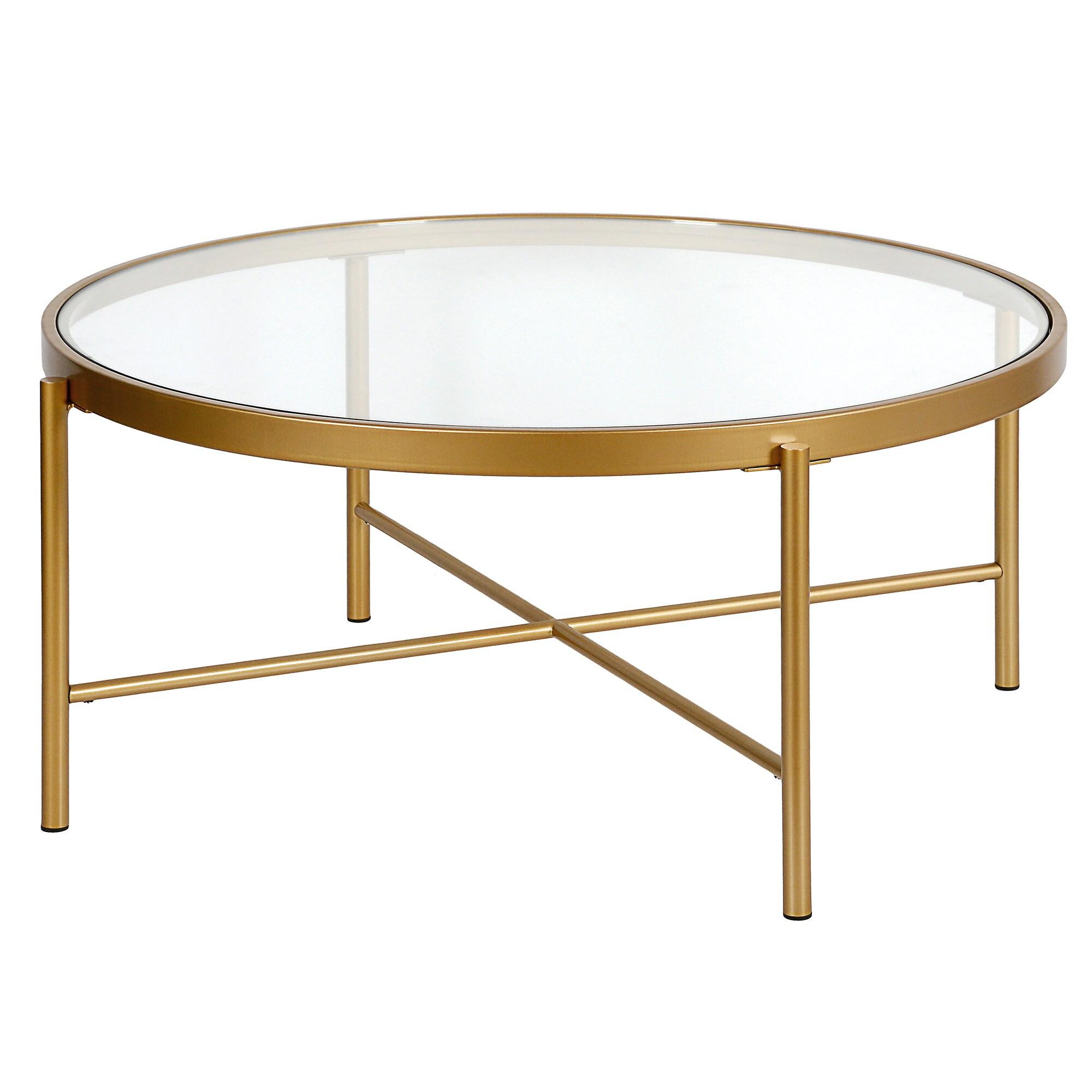 Metal 36" Round Glass Top Coffee Table in Brass - Henn&Hart