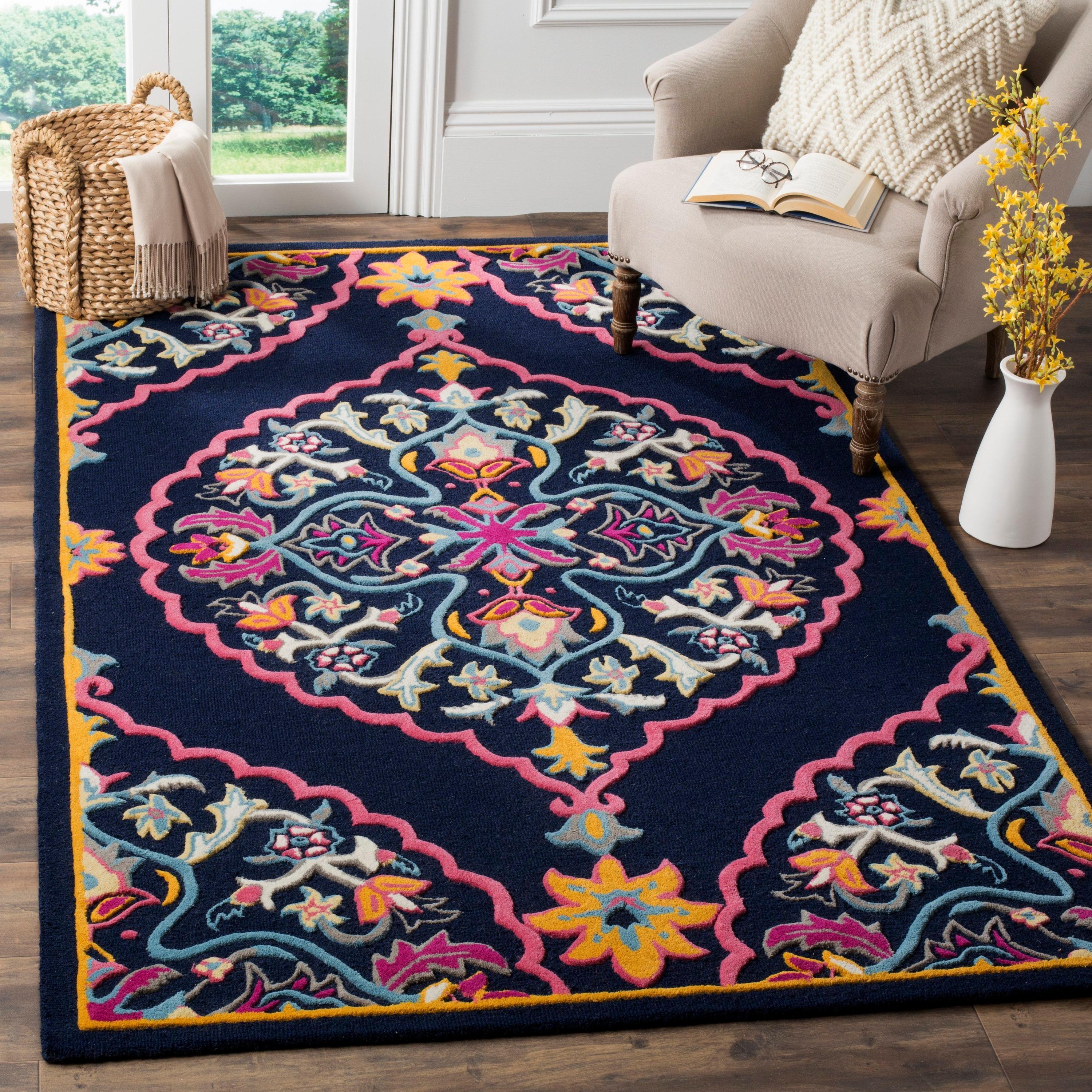 Navy Blue and Multicolor Wool Silk 8' x 10' Handmade Area Rug