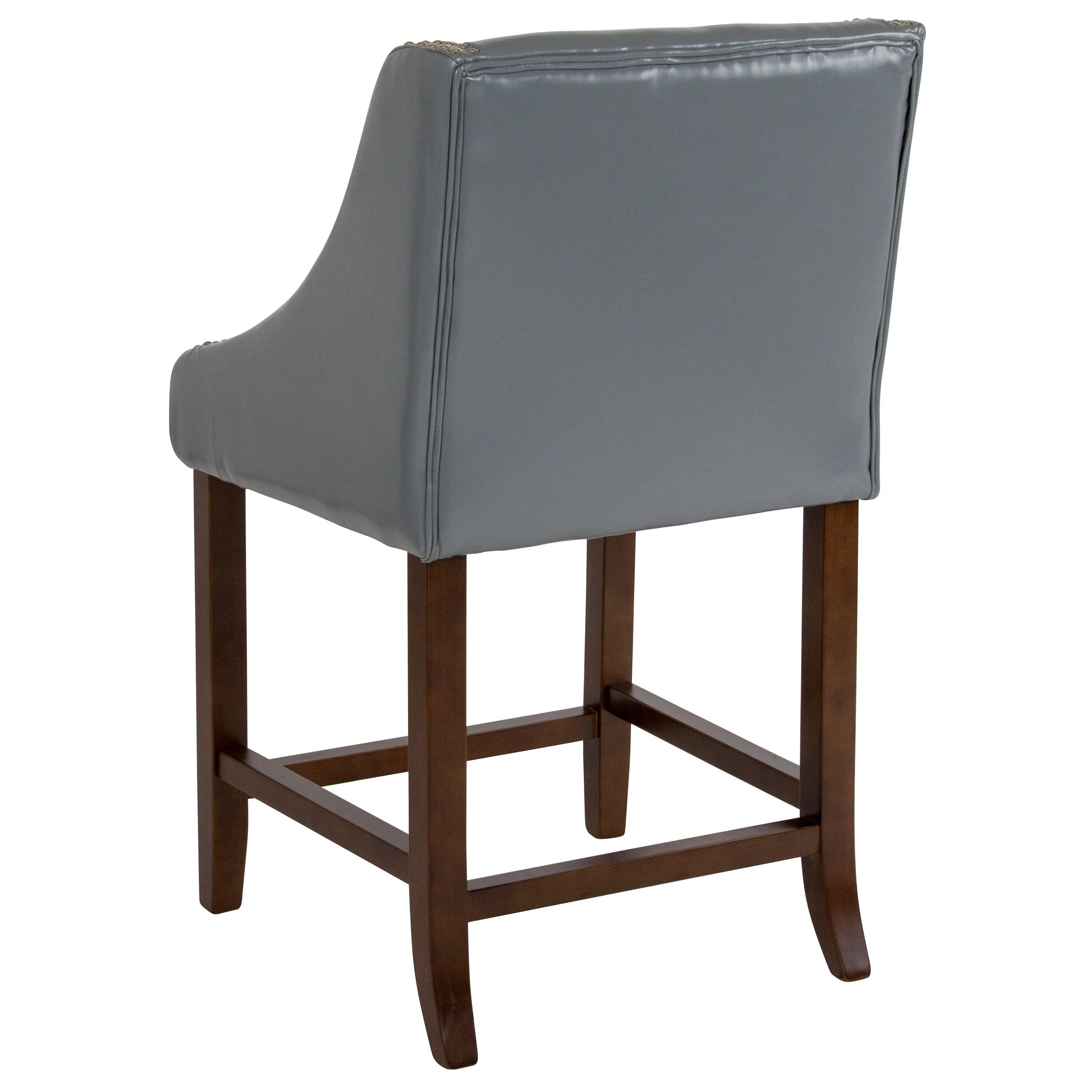 Flash Furniture Carmel Series 24" High Transitional Walnut Counter Height Stool with Nail Trim in Light Gray LeatherSoft