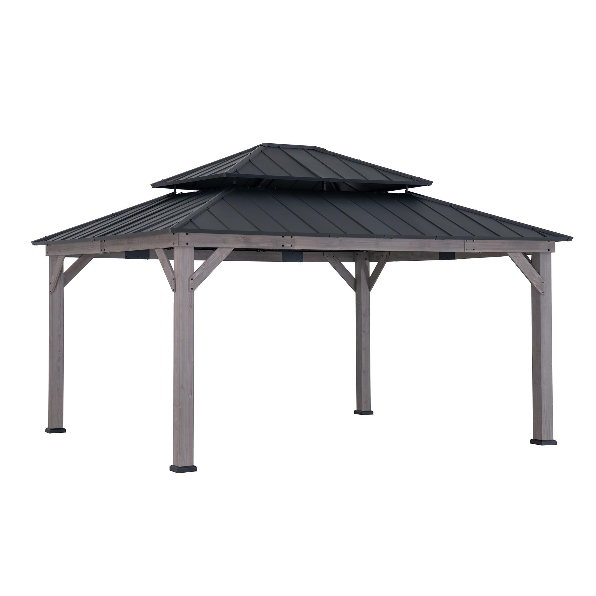 Sunjoy Sunjoy 13 x 15 ft. Wood Gazebo, Outdoor Patio Steel Hardtop Gazebo, Cedar Framed Wooden Gazebo with 2-Tier Metal Roof, Suitable for Patios, Lawn and Backyard