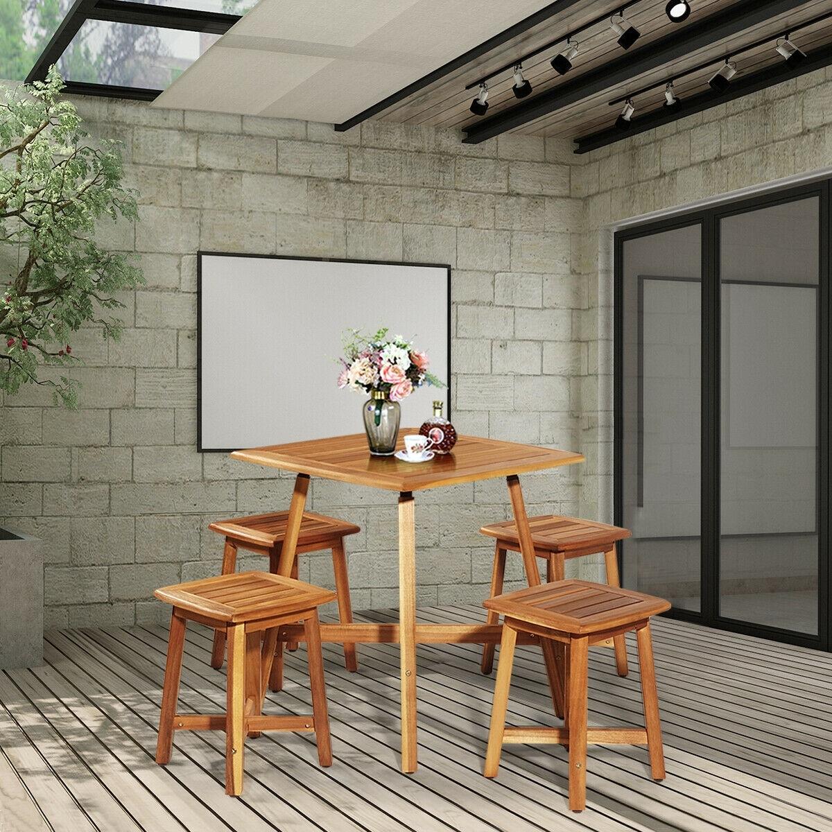 Aimee Lii 5 Pieces Wood Patio Dining Set with Square Table and 4 Stools, Outdoor Patio Furniture for Balcony Porch Backyard, Sturdy