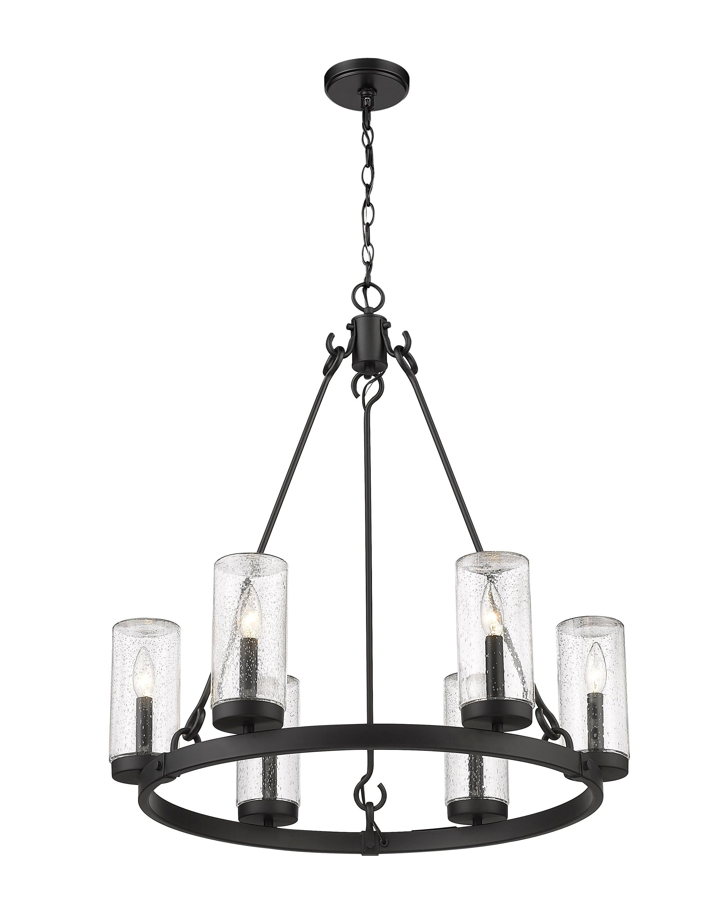 Marlow Matte Black Steel 6-Light Outdoor Pendant with Clear Seedy Glass