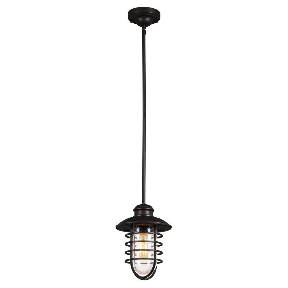 Design House 588996-BRZ Stevenson Rustic Industrial 1-Light Indoor Dimmable Pendant with Clear Seedy Glass and Metal Wire Shade for Kitchen island barBedroom, Bronze