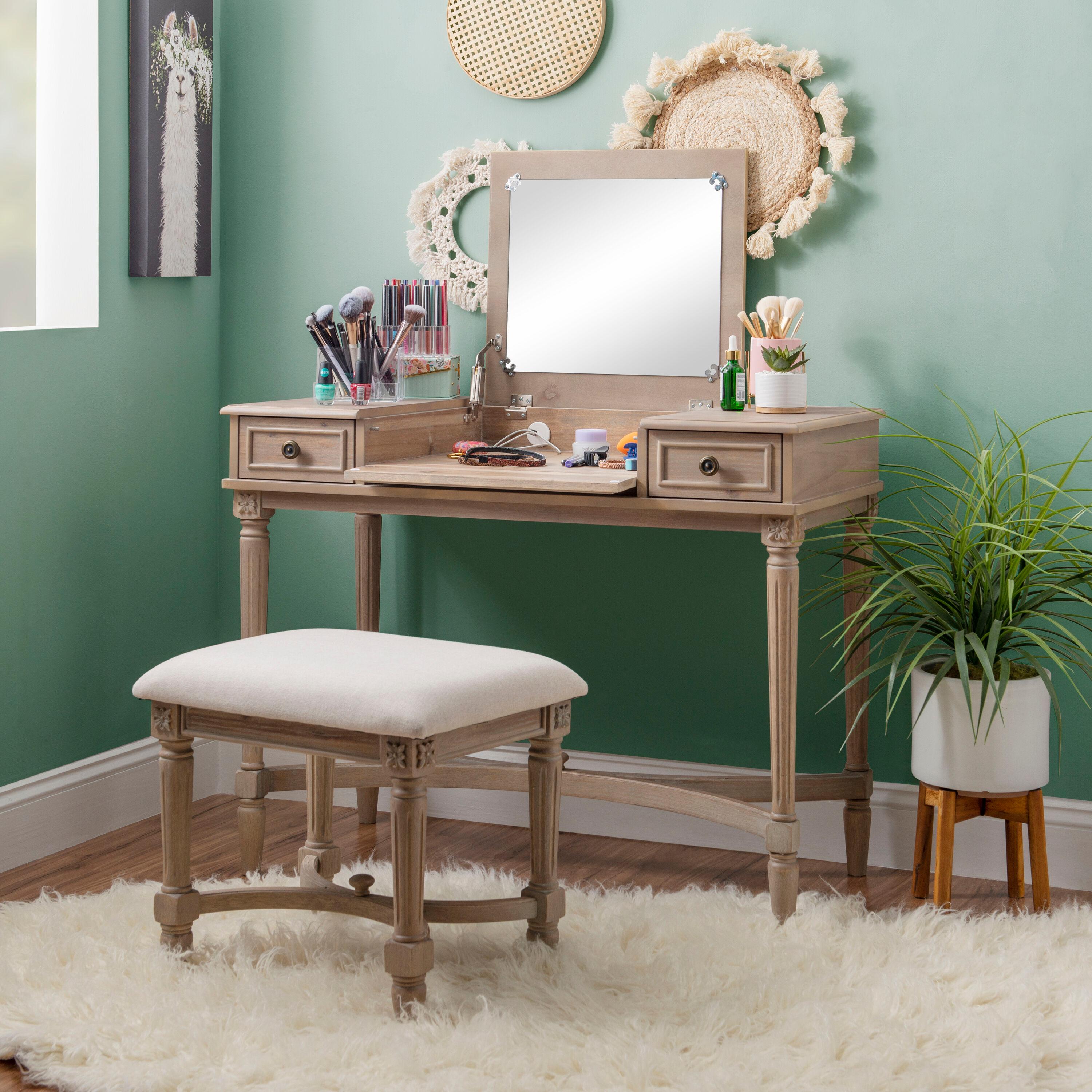 Kelly Clarkson Home June Natural Two Drawer Flip Top Vanity Set with Stool