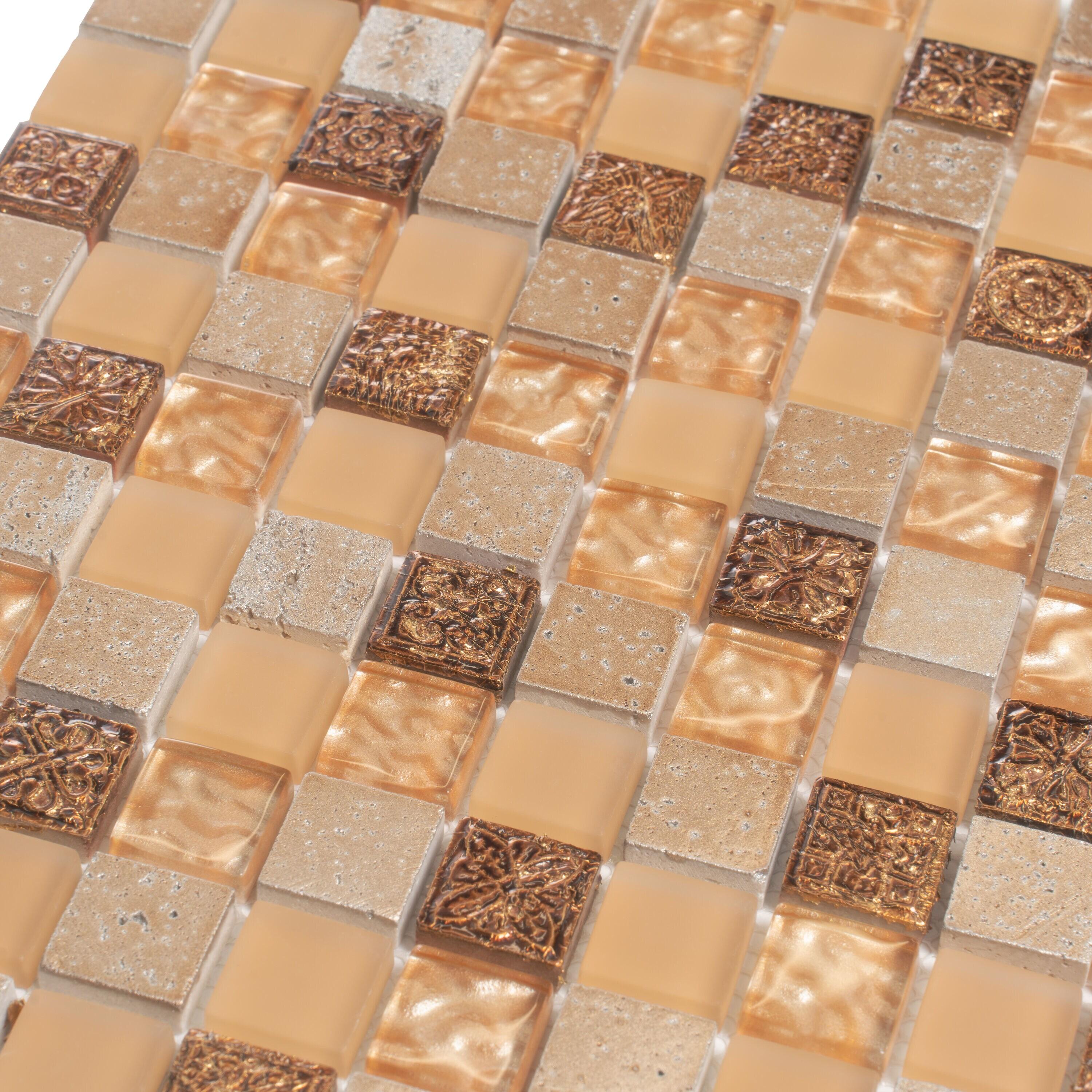 Beige and Brown Polished Glass and Stone Mosaic Tile