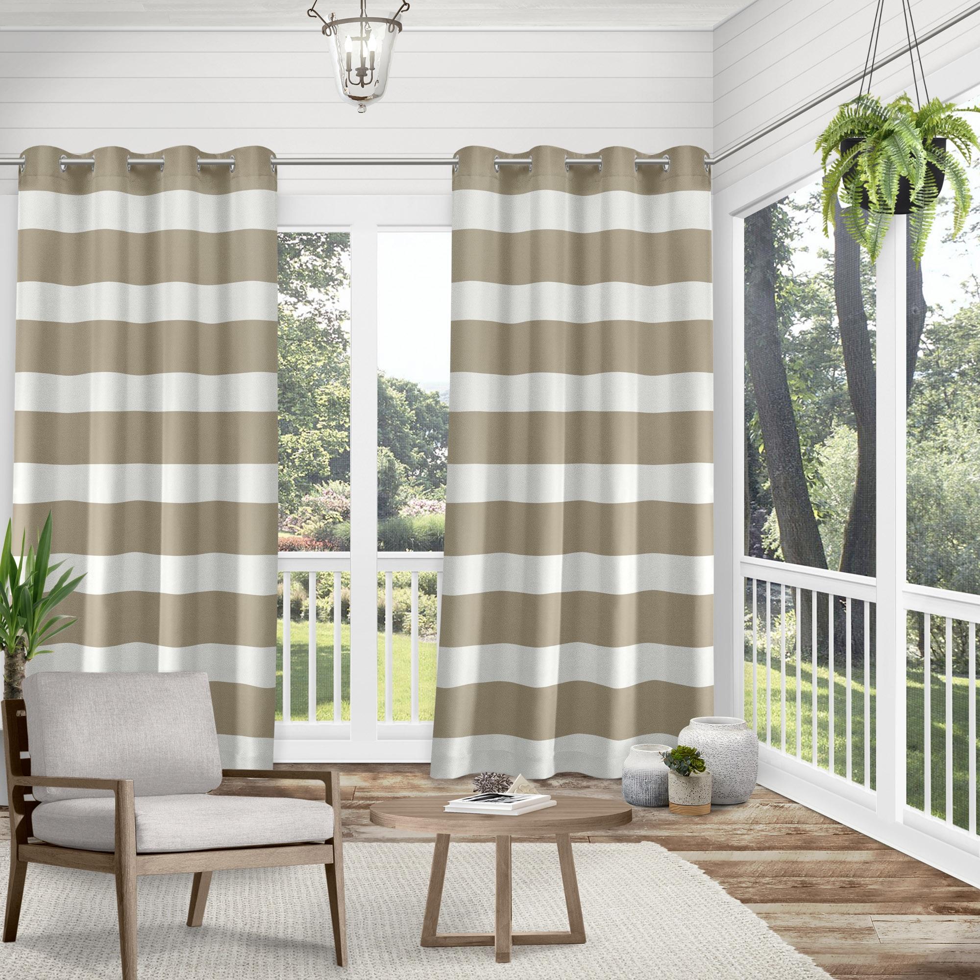 Exclusive Home Cabana Stripe Indoor/Outdoor Light Filtering Grommet Top Curtain Panel Pair, 54"x96", Taupe
