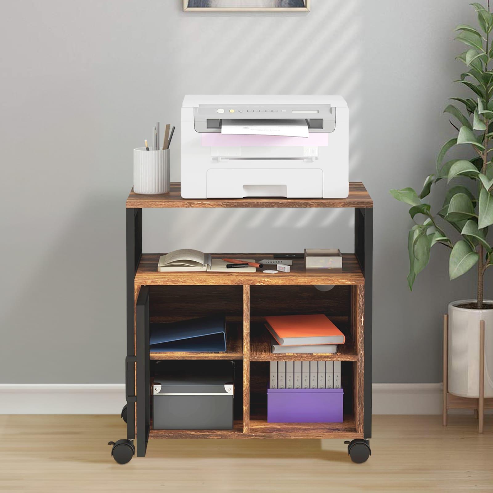 Topcobe Printer Stand with Socket and USB Charging Ports, Industrial Mobile Printer Table with Storage and Wheels, Modern Furniture for Indoor, Rustic Brown
