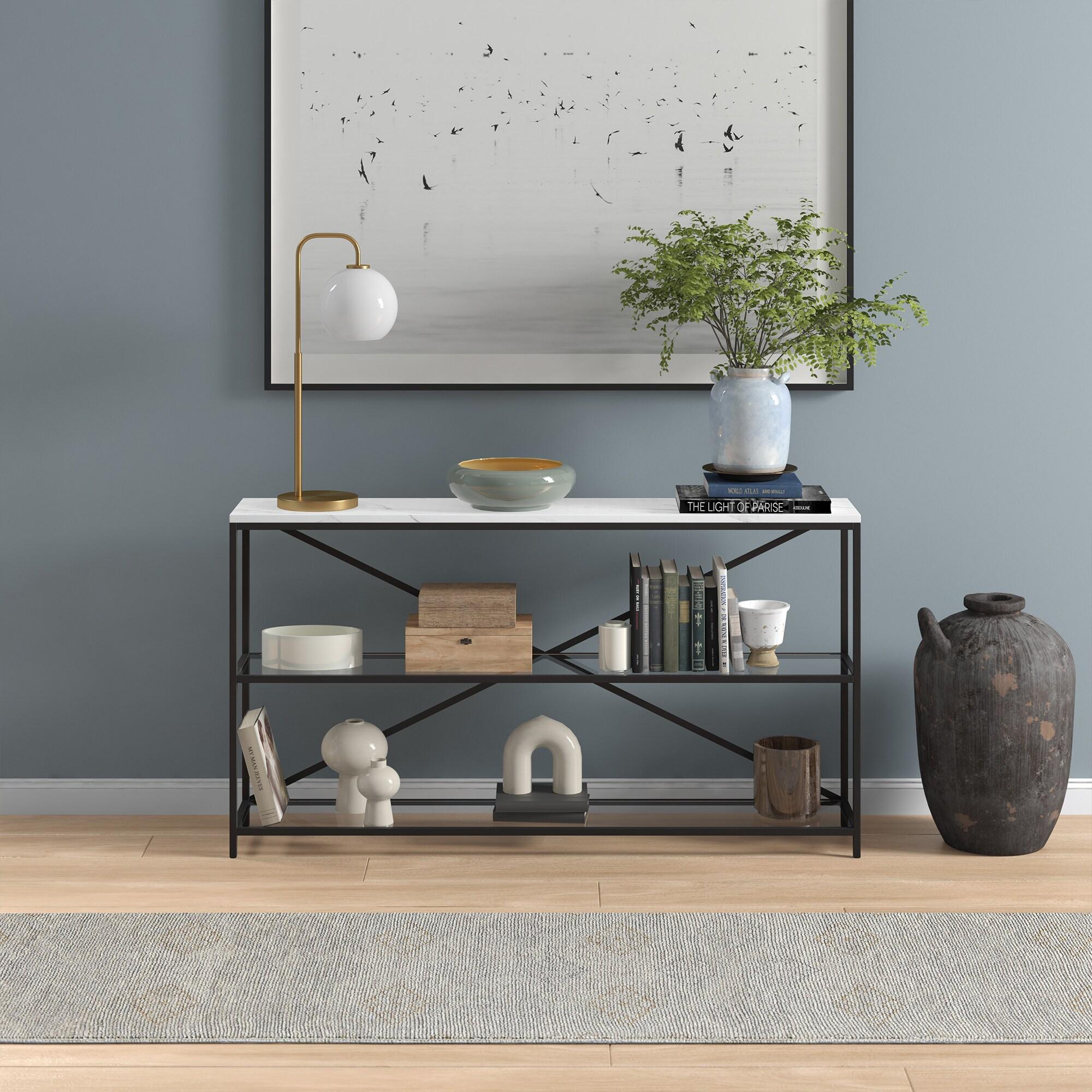 Evelyn&Zoe Fionn 55" Wide Rectangular Console Table with Faux Marble Top, Blackened Bronze