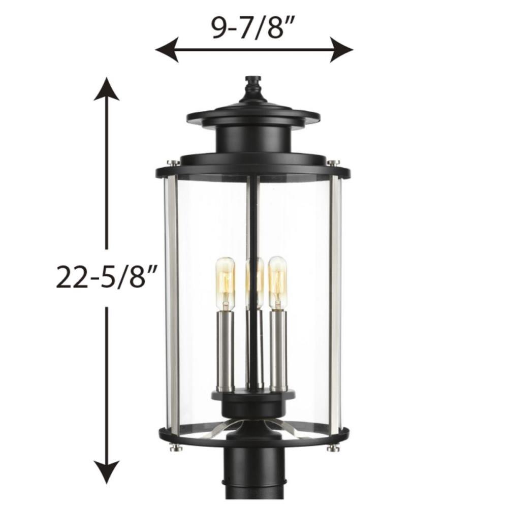 Progress Lighting, Squire Collection, 3-Light Post Lantern, Black Finish, Clear Glass Shade