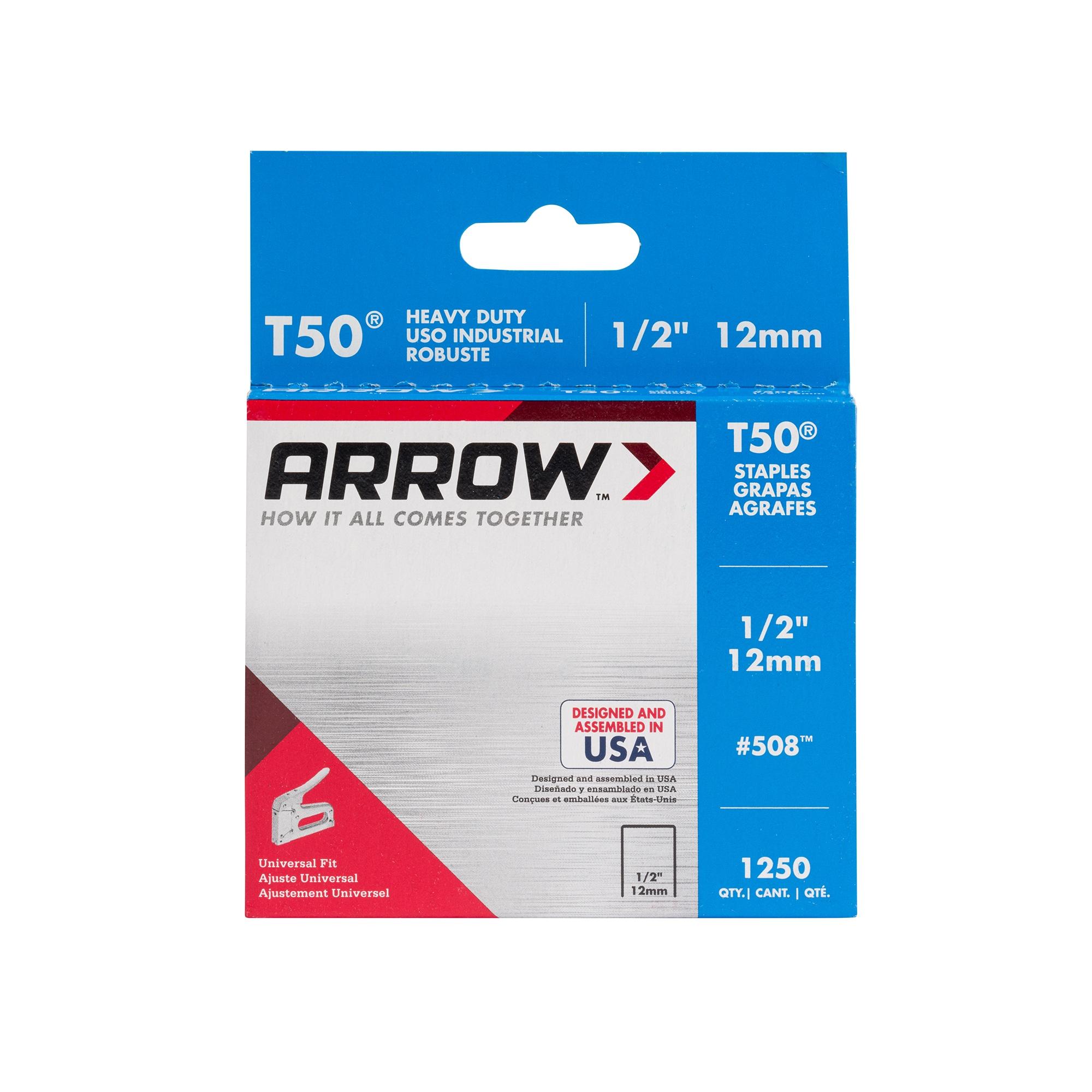 Arrow 508 Heavy Duty T50 1/2" Leg Length, 3/8" Crown, Staples, Heavy Duty, for General Repairs, DIY, Home Improvement, New
