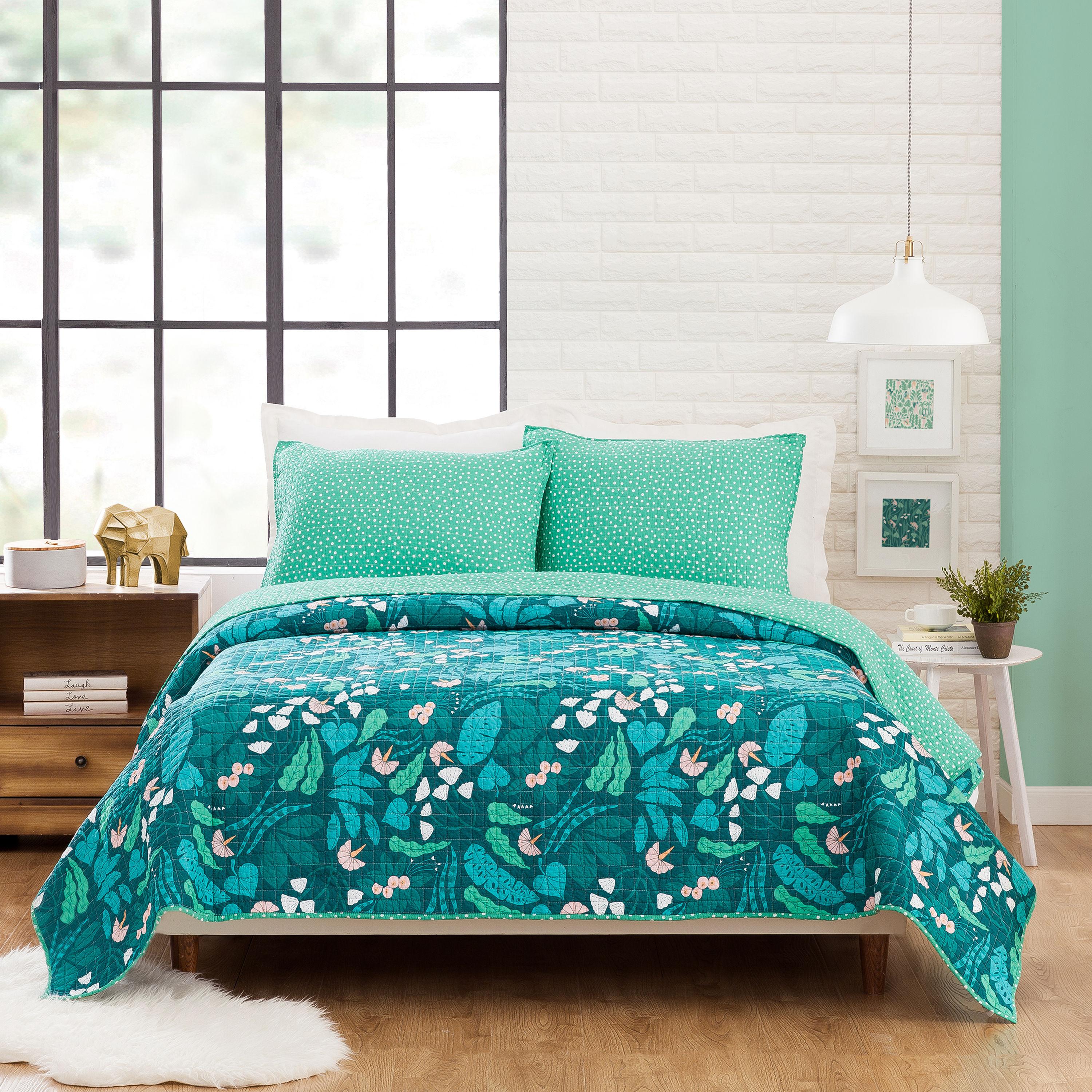 3pc Full/Queen Jungle Floral Quilt Set Green - Elizabeth Olwen for Makers Collective: Cotton Bedding Set with Shams