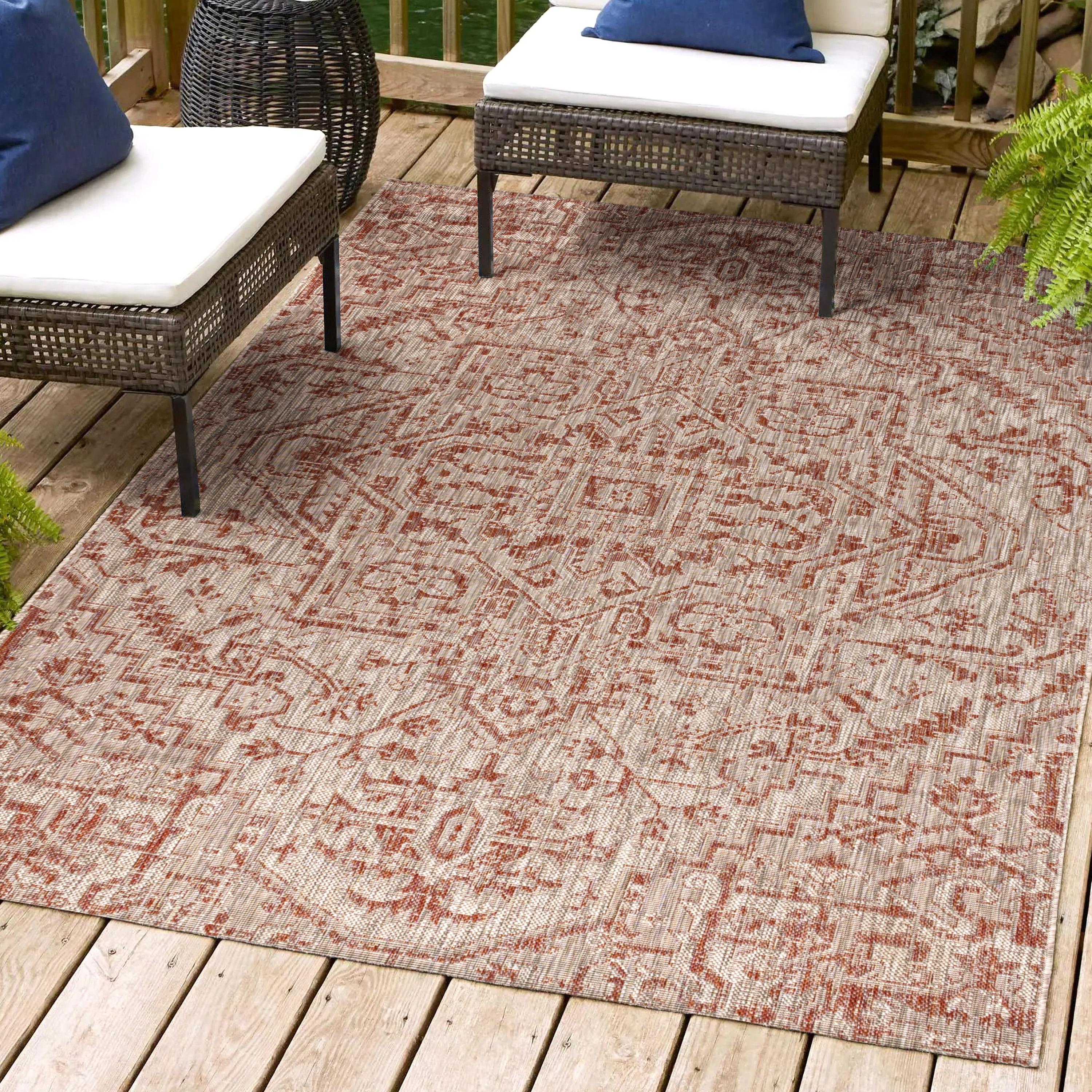 8'x10' Estrella Bohemian Medallion Textured Weave Indoor/Outdoor Area Rug, Red/Taupe - JONATHAN Y