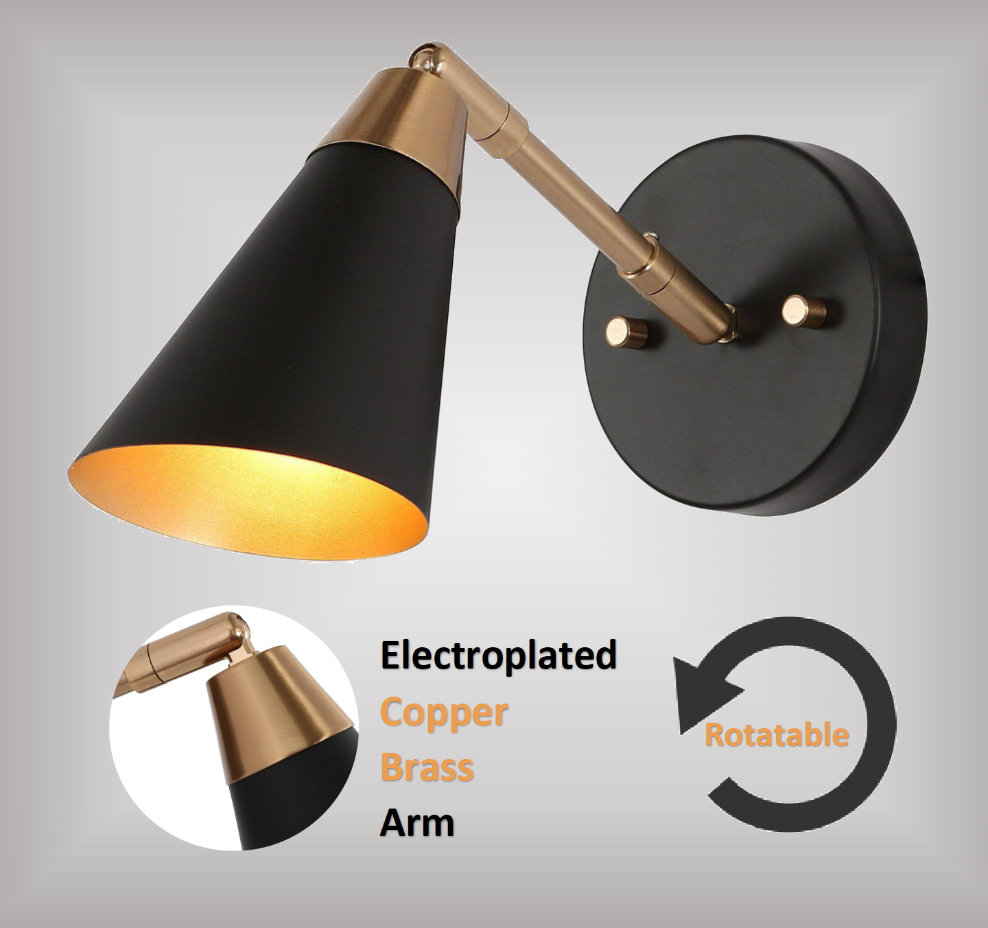 Flumie 1-Light Industrial Black Indoor Wall Sconce Modern Brass Vanity Light Adjustable Head with Cone Metal Shade