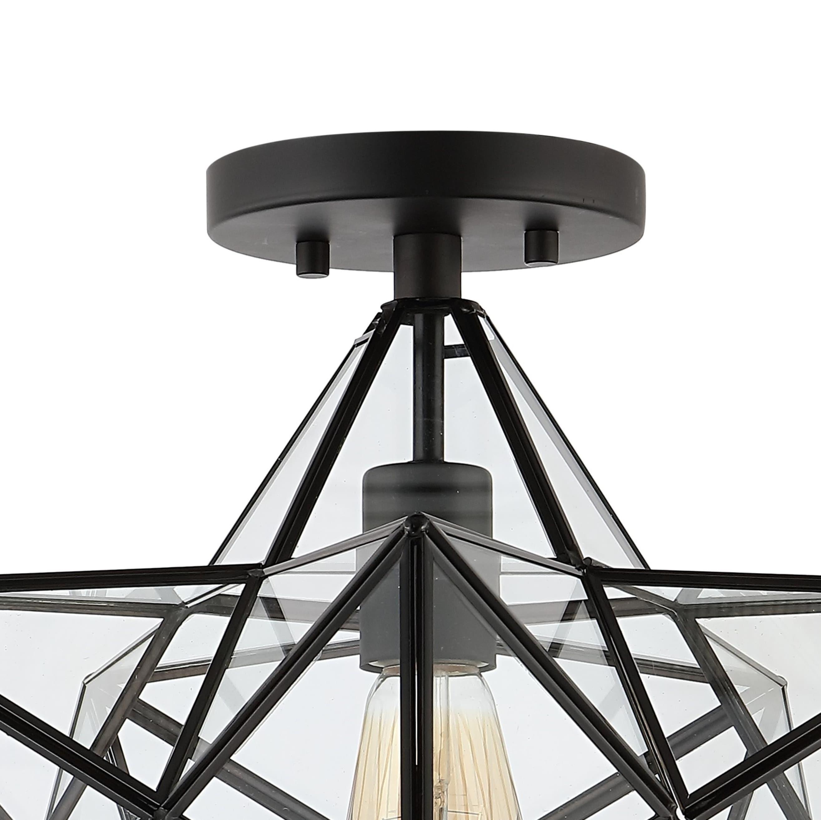 Ava 14.5" 1-Light Farmhouse Bohemian Iron/Glass LED Semi Flush Mount, Black/Clear