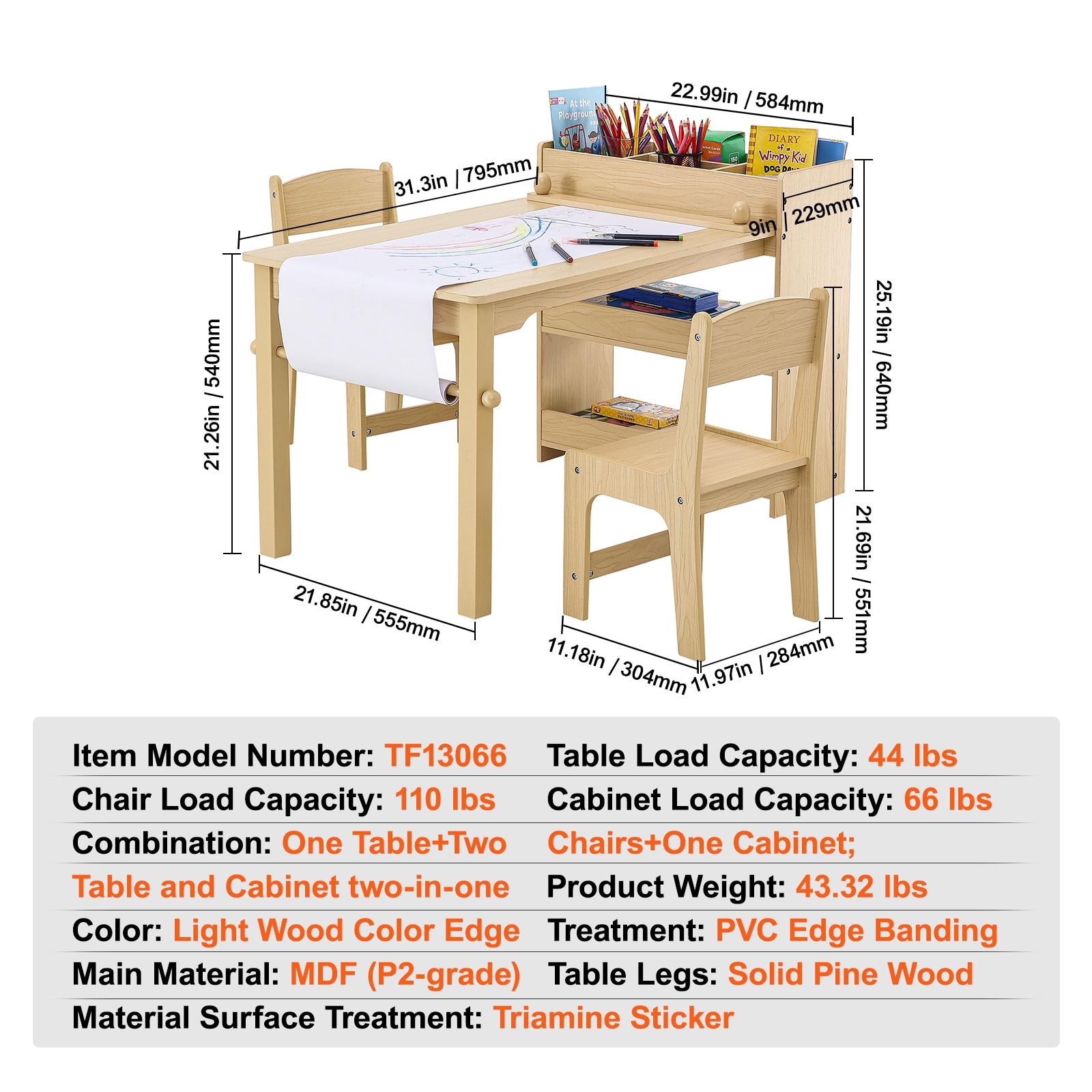 VEVOR Kids Art Table and 2 Chairs, 2-in-1 Toddler Craft and Play Activity Table, Wood Toddler Table and Chair Set with A Cabinet for Art, Craft, Reading, Learning