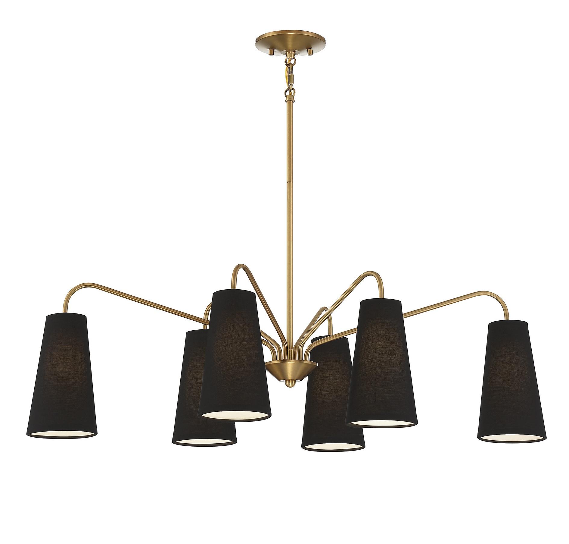 Warm Brass 6-Light Linear Chandelier with Black Fabric Shades