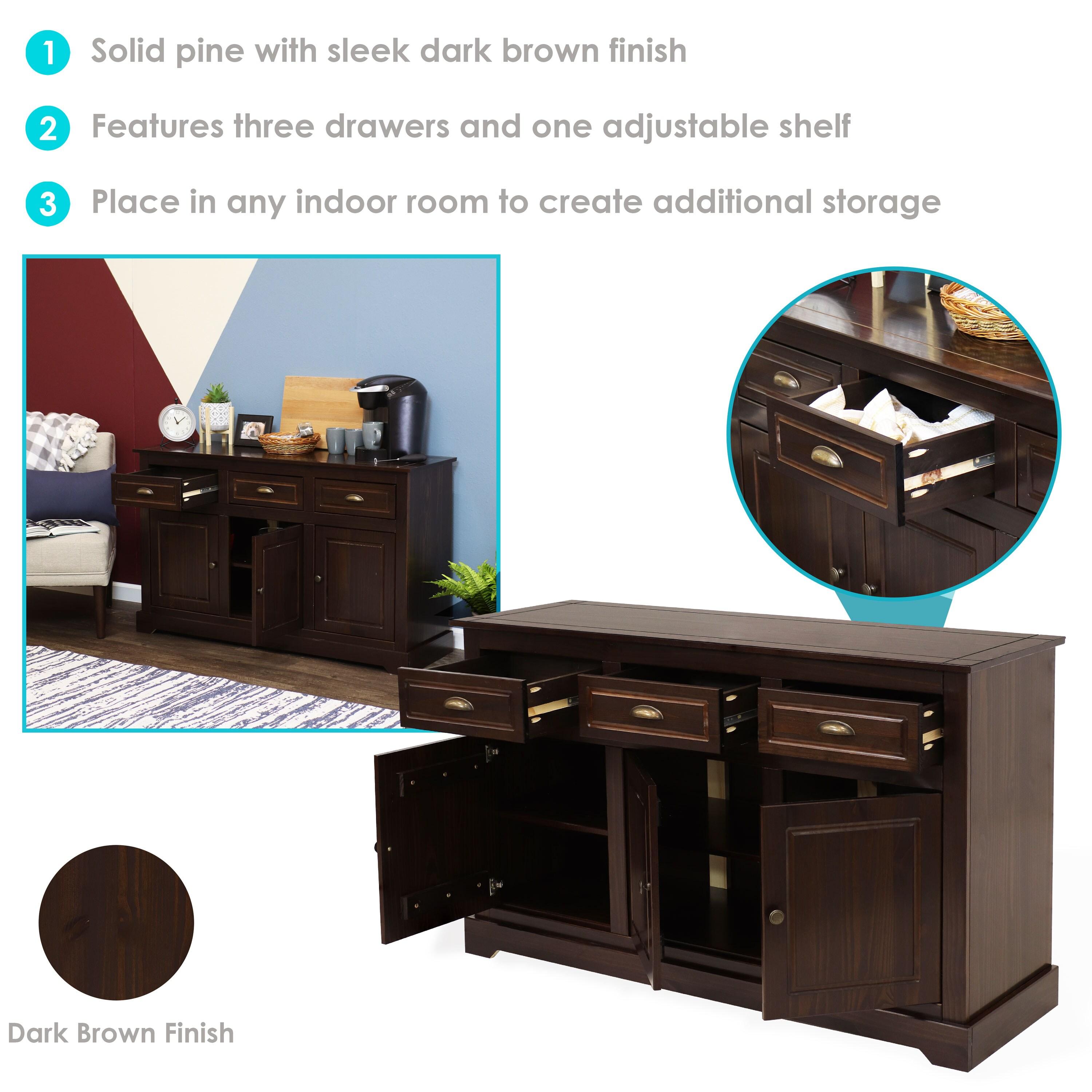 Sunnydaze Sideboard with 3 Drawers and 3 Doors - Solid Pine Construction - Dark Brown- 32"