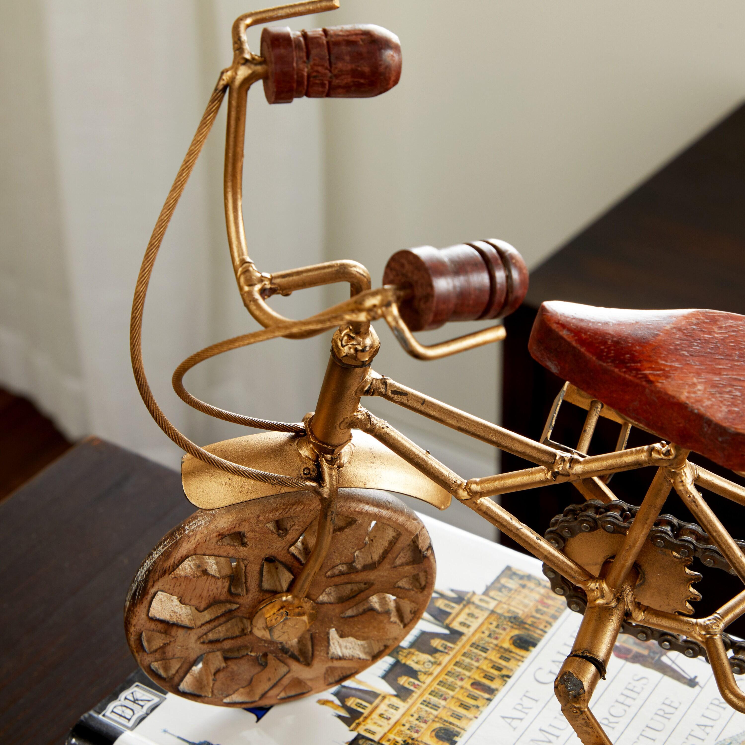 4"W, 8"H Multi Colored Metal Bike Sculpture with Wood Wheels, by DecMode (2 Count)