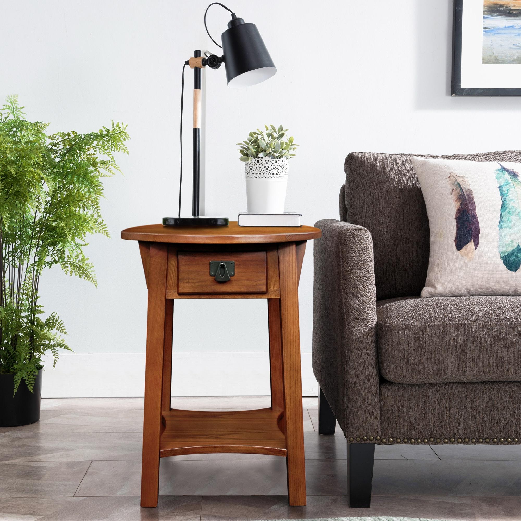 Leick Home 9056-RS Mission Round End Table with Drawer, Made with Solid Wood, Side Table for Living Room, Bedroom, and Office, Russet Finish