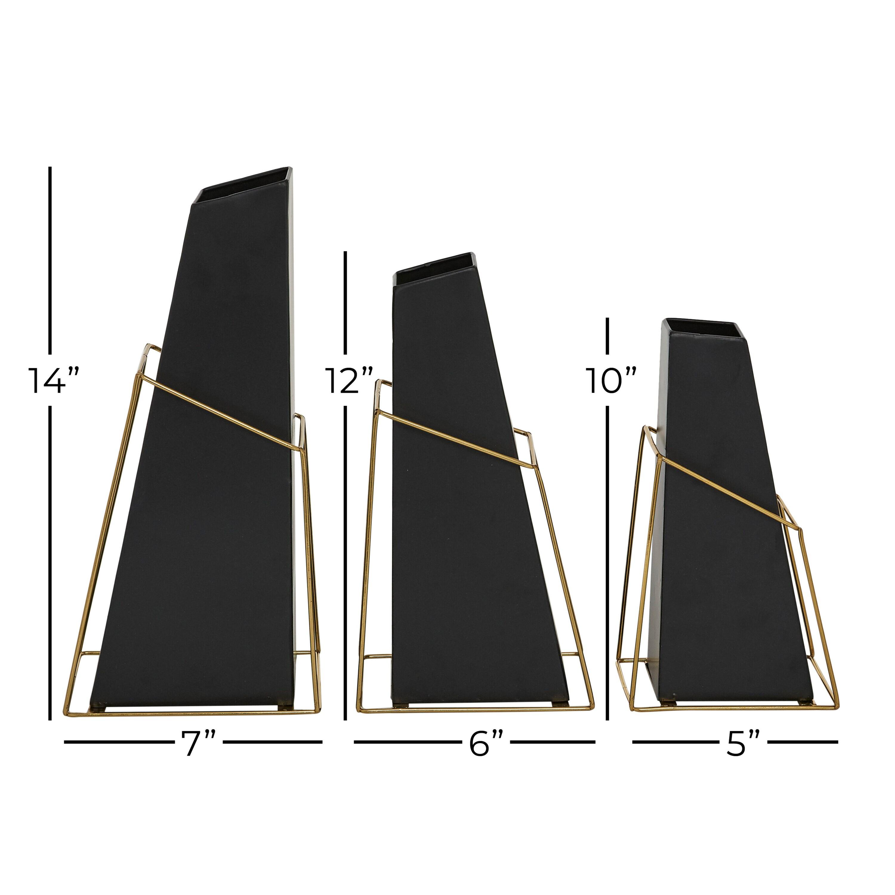 DecMode 10", 12", 14"H Black Metal Vase with Gold Wire Accents, Set of 3