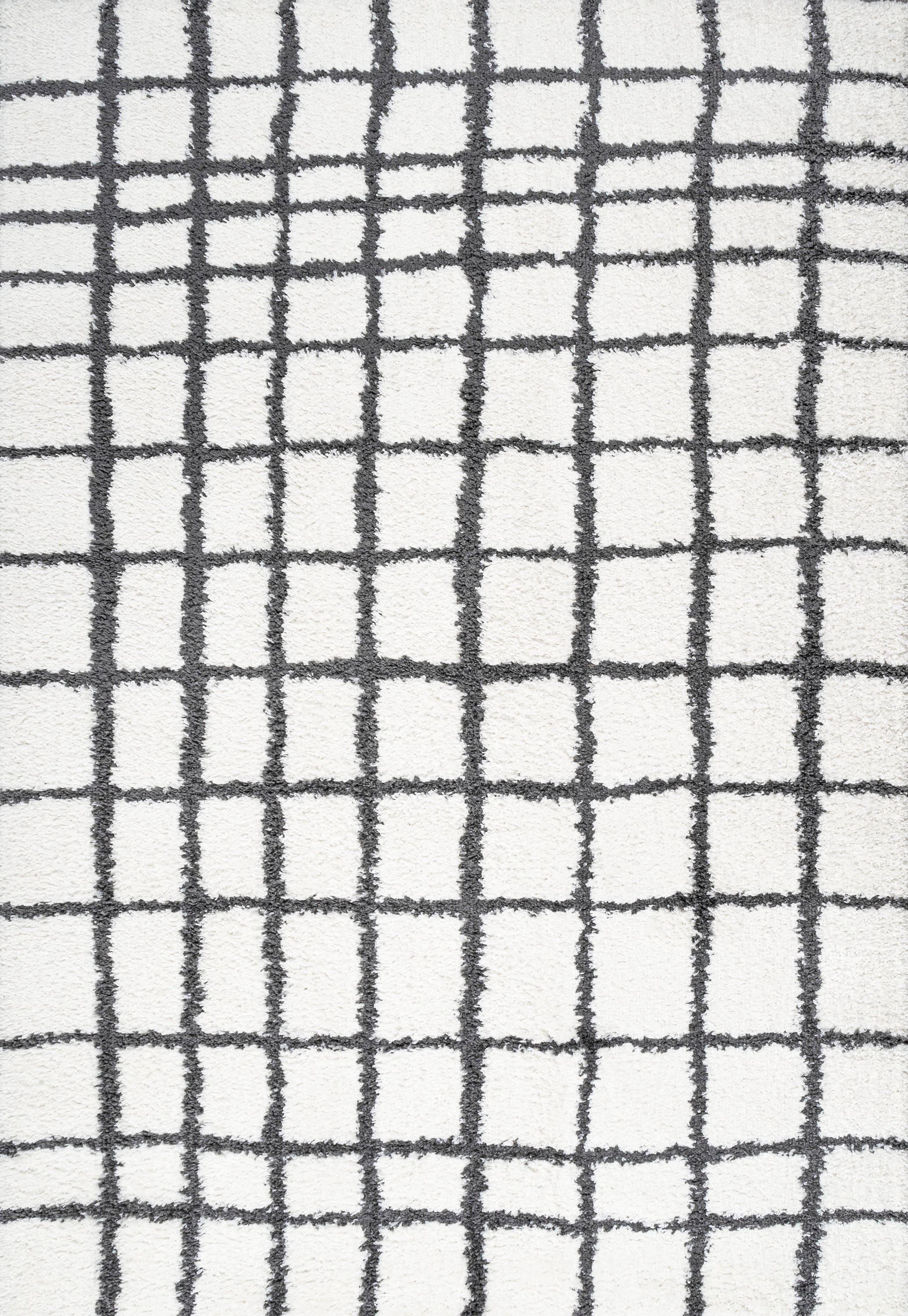 4'x6' Arenal Geometric Grid Shag Area Rug, White/Black - JONATHAN Y