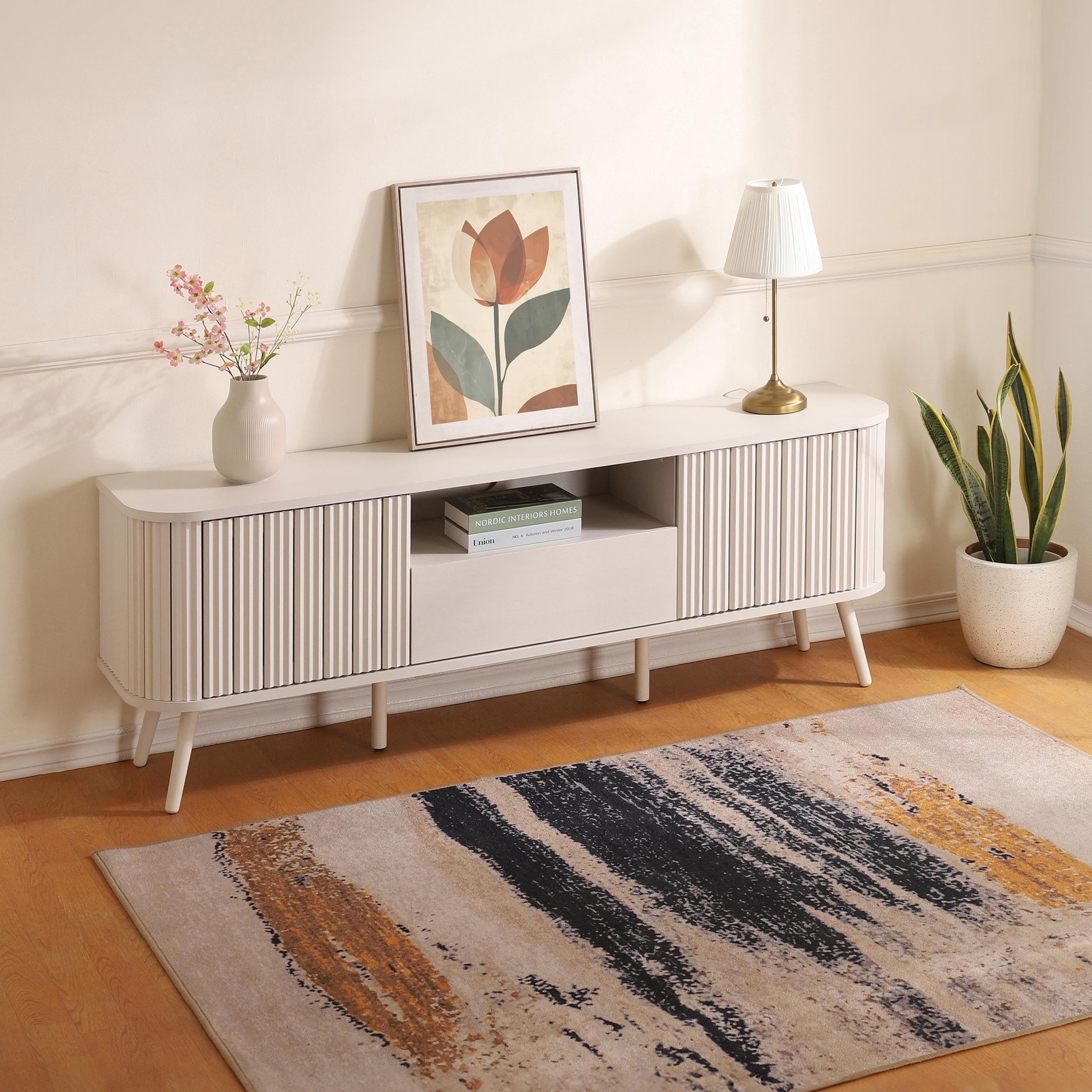 JONATHAN Y Damien 70 in. Farmhouse Curved TV Stand with Drawer and Storage Doors Fits TVs up to 75 in. with Cable Management, Off-White