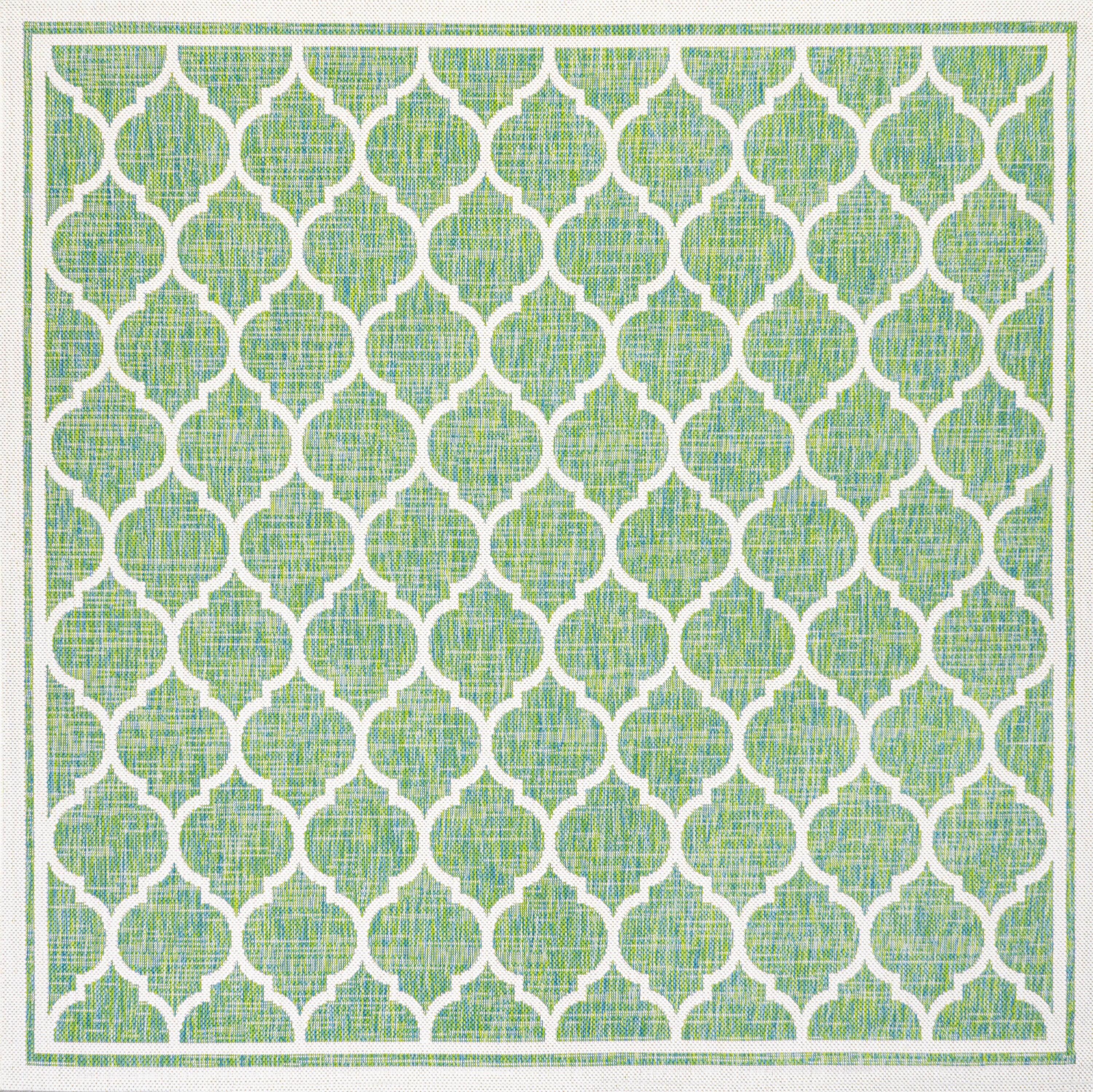 5' x 5' Trebol Moroccan Trellis Textured Weave Indoor/Outdoor Area Rug, Cream/Green - JONATHAN Y