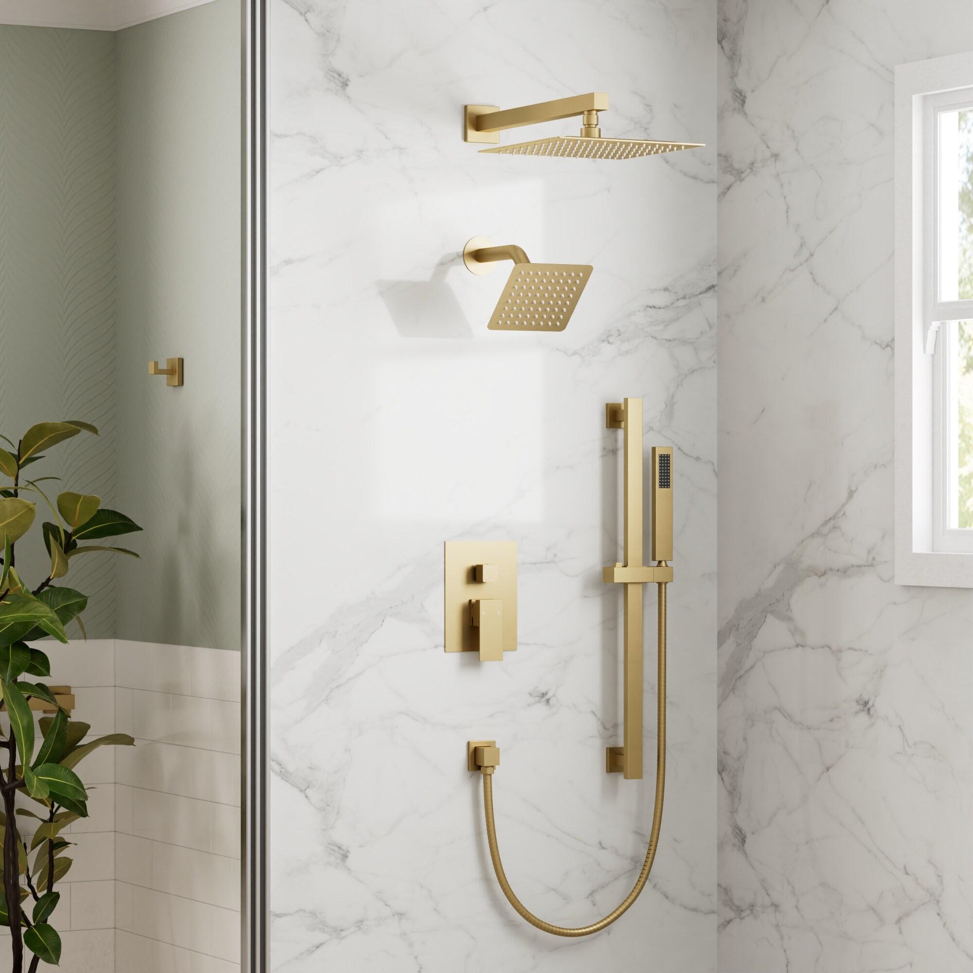 GRANDJOY Complete Shower System, 10" and 6" Dual Wall Mount Rain Shower Faucets with Handheld Shower Spray, High Pressure in Brushed Gold