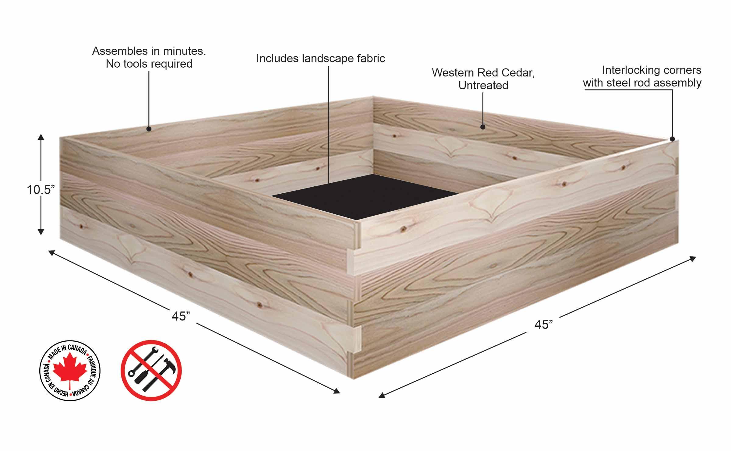 CedarCraft Ground Cedar Planter Square Outdoor Garden Bed Natural 45"x45"x10.5"