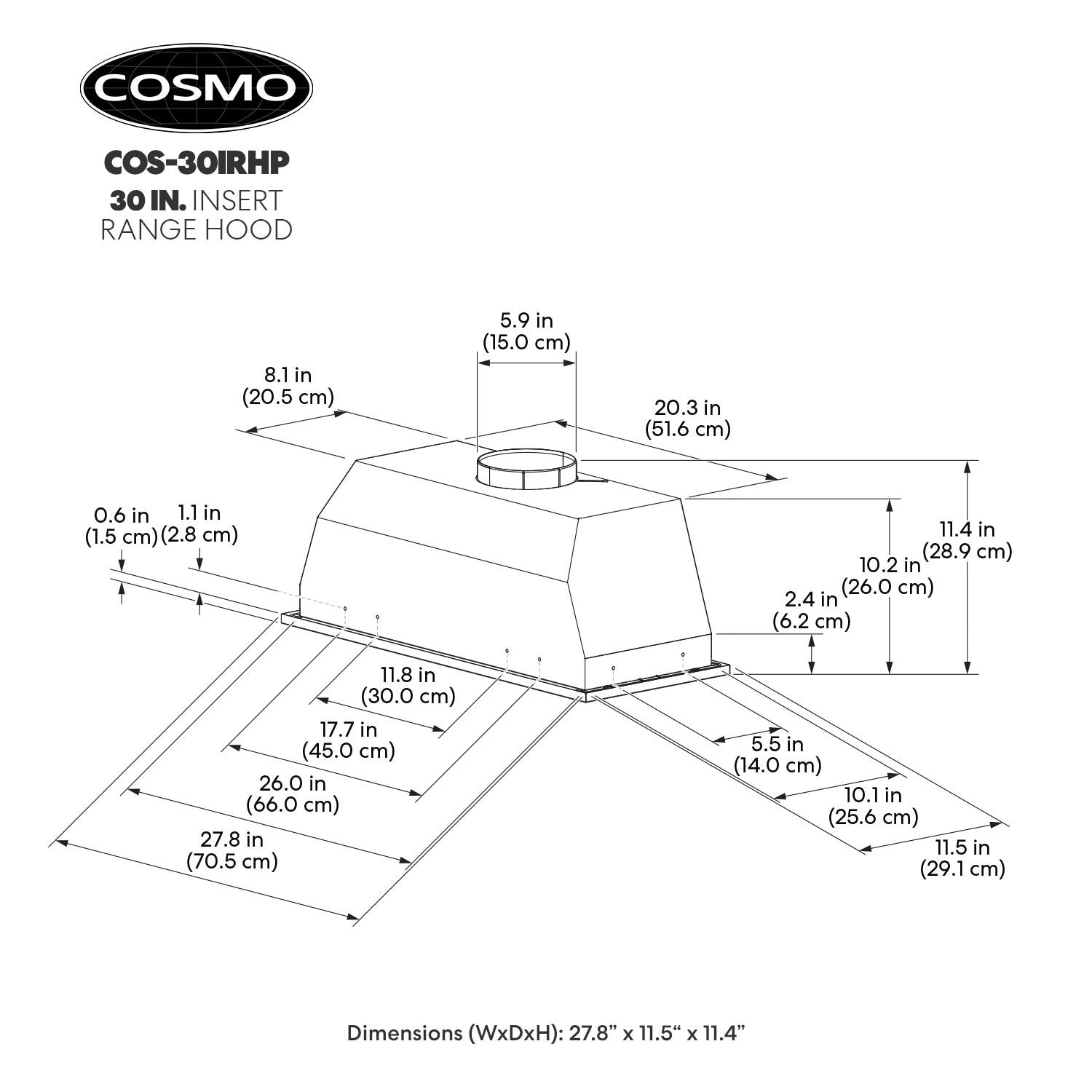 Cosmo 30 in. Insert Range Hood w/ Push Button Controls, 3-speed Fan, LED Lights and Permanent Filter