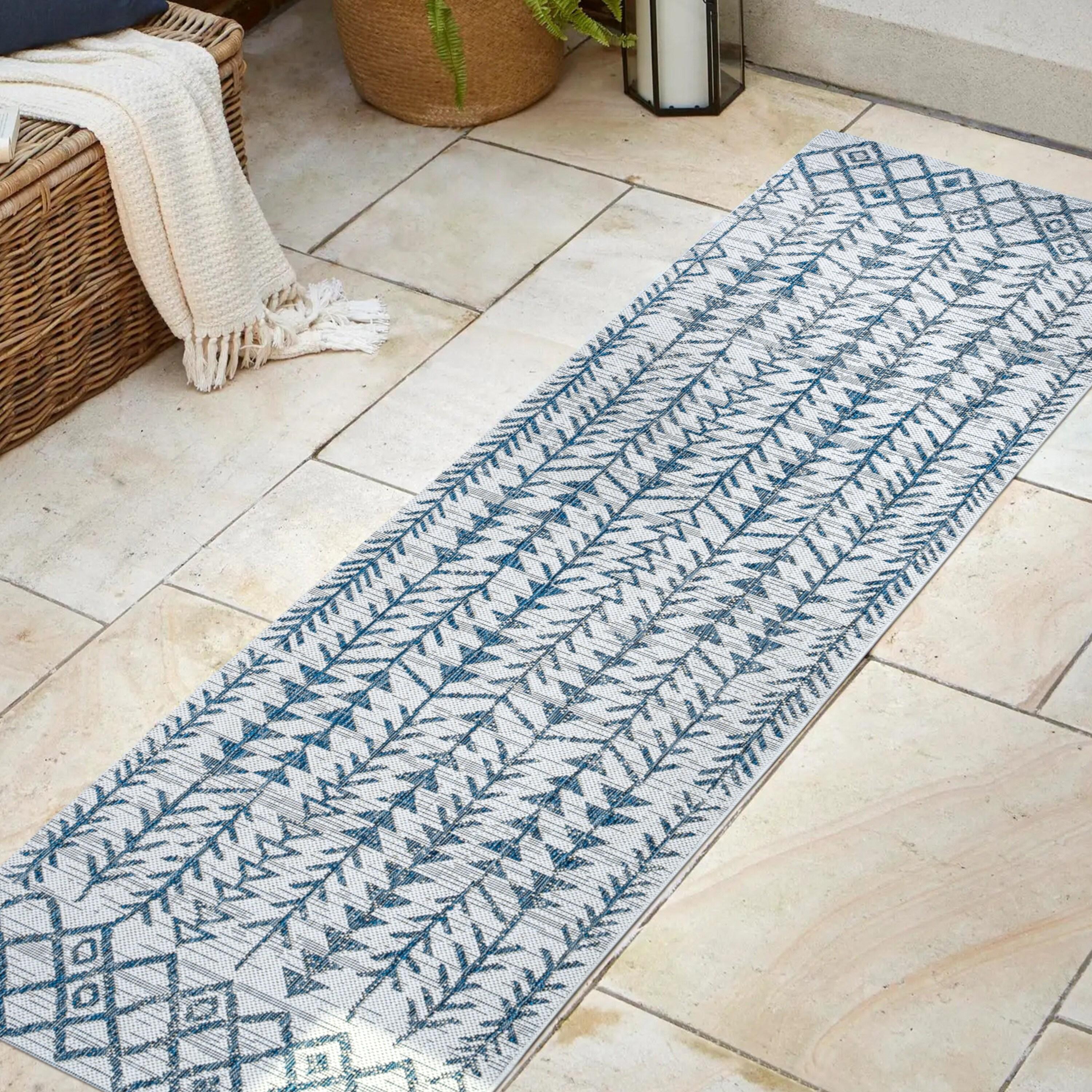 2'x8' Tokay Bohemian Styled Geometric Indoor/Outdoor Runner Rug, Ivory/Blue - JONATHAN Y