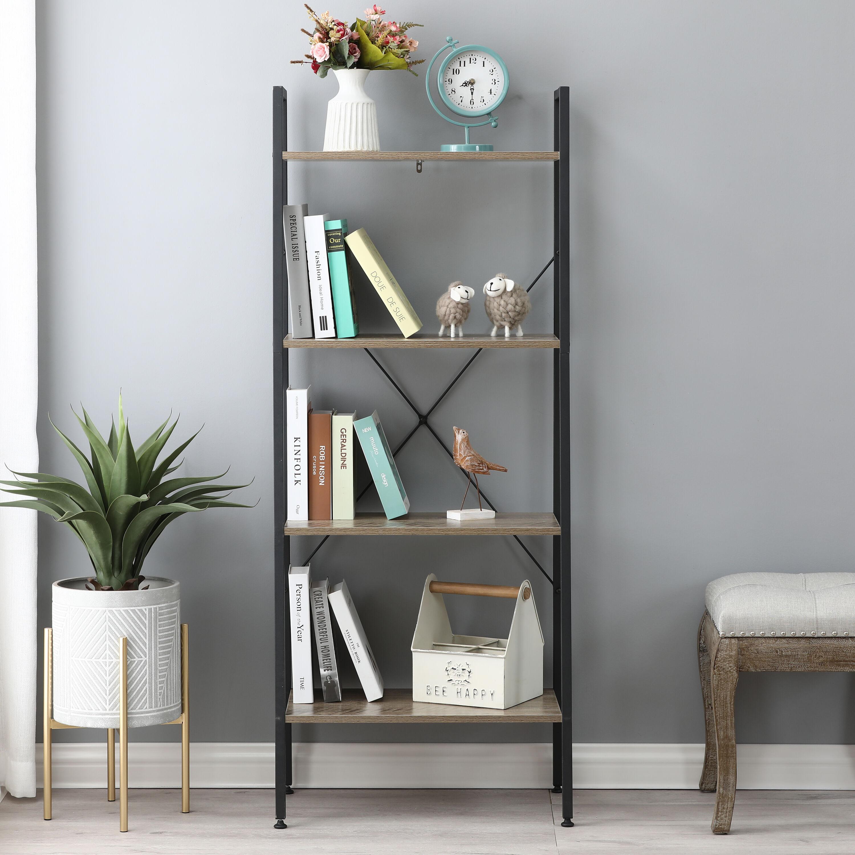 LuxenHome 4-Shelf 58.3" x 23.62" W Wood and Metal Ladder Bookcase. Brown